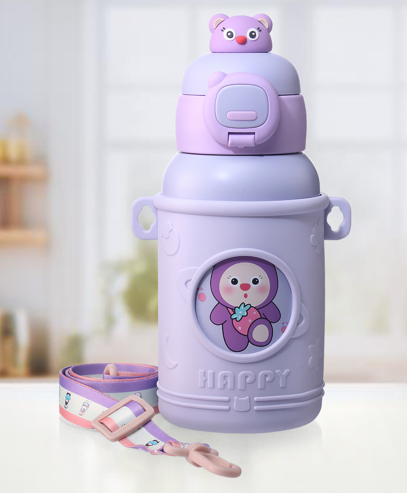 ZOE Stainless Steel Dino Printed Sipper Water Bottle with Strap Lavender - 500 ml-picture-36