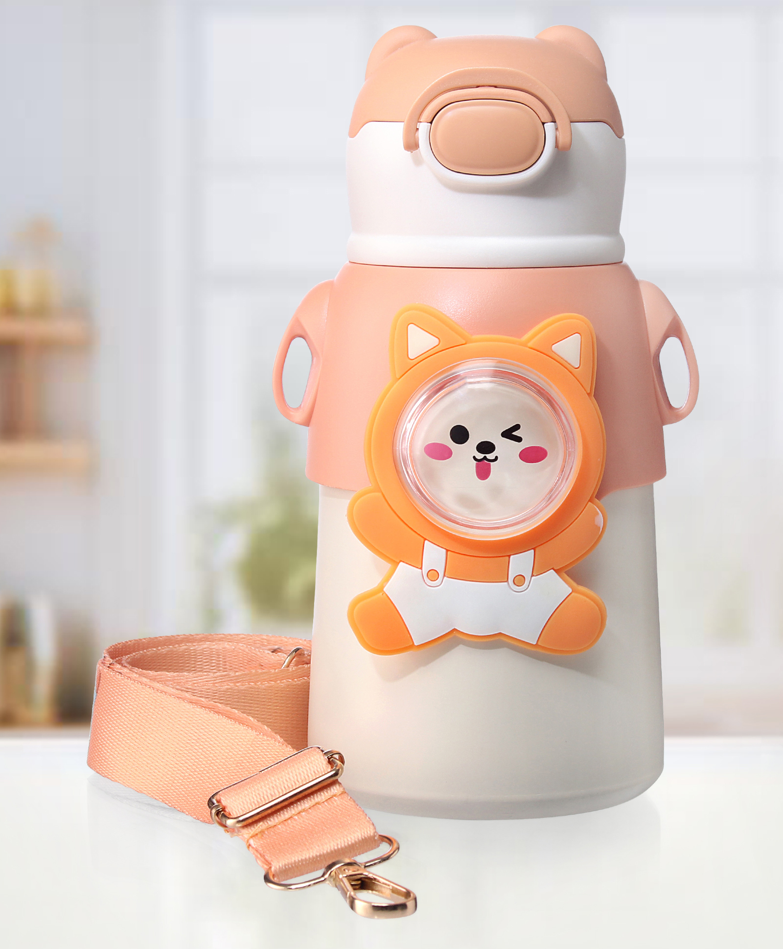 ZOE Stainless Steel Water Bottle With Cat Applique & Strap Orange - 520 ml-picture-6