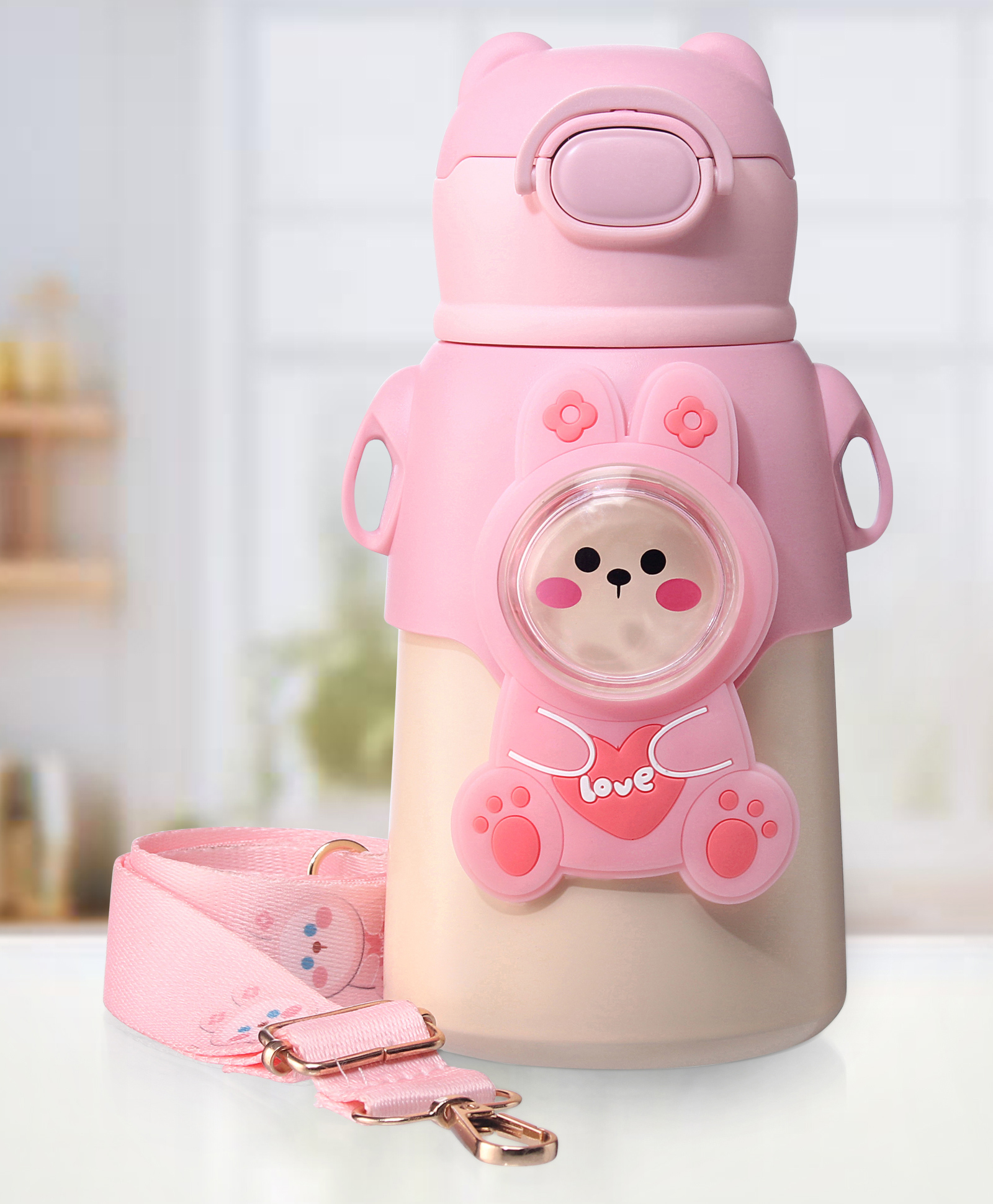 ZOE Stainless Steel Water Bottle With Bunny Applique & Strap Pink - 520 ml-image-38