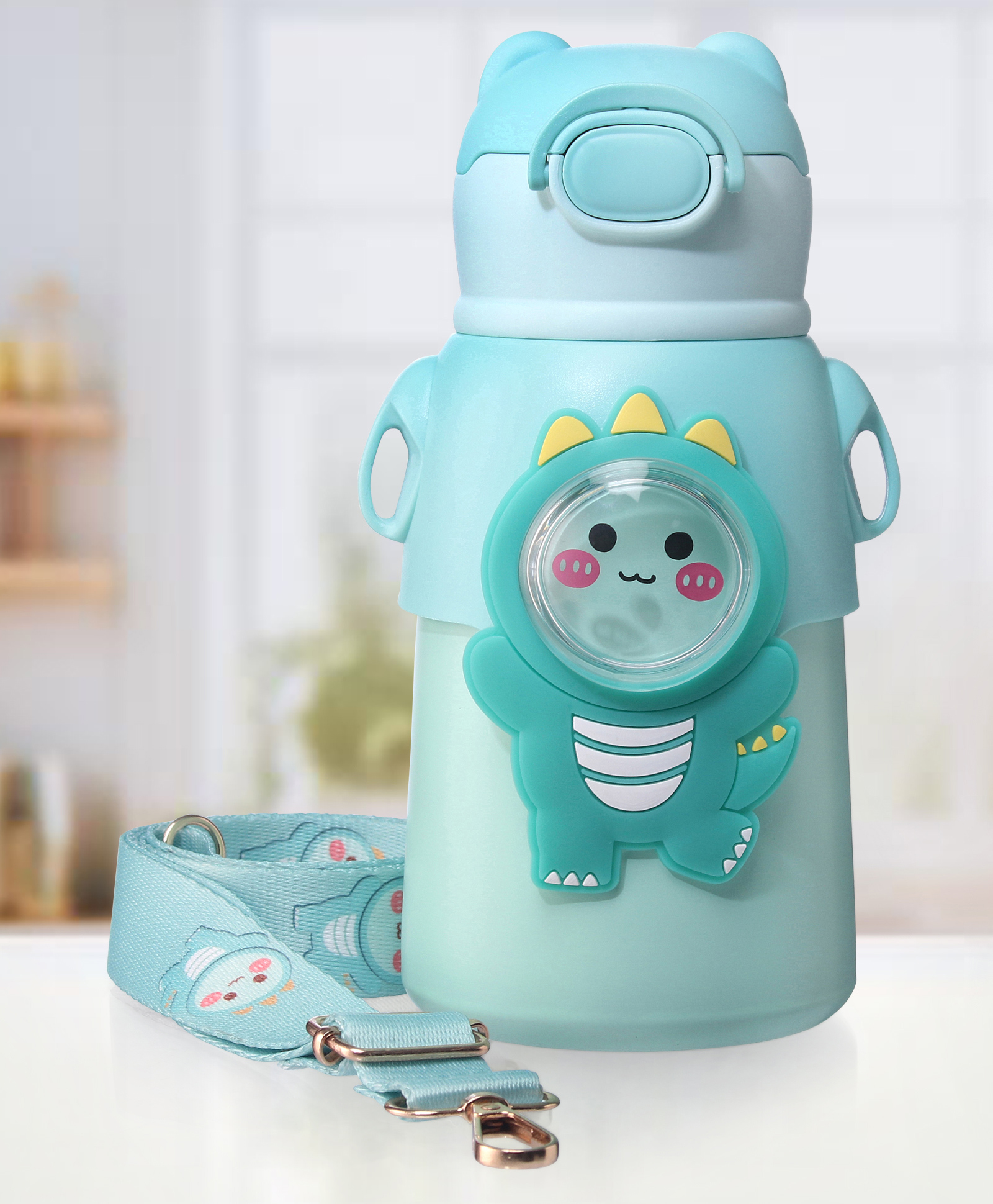 ZOE Stainless Steel Water Bottle With Dino Applique & Strap Green - 520 ml-image-41