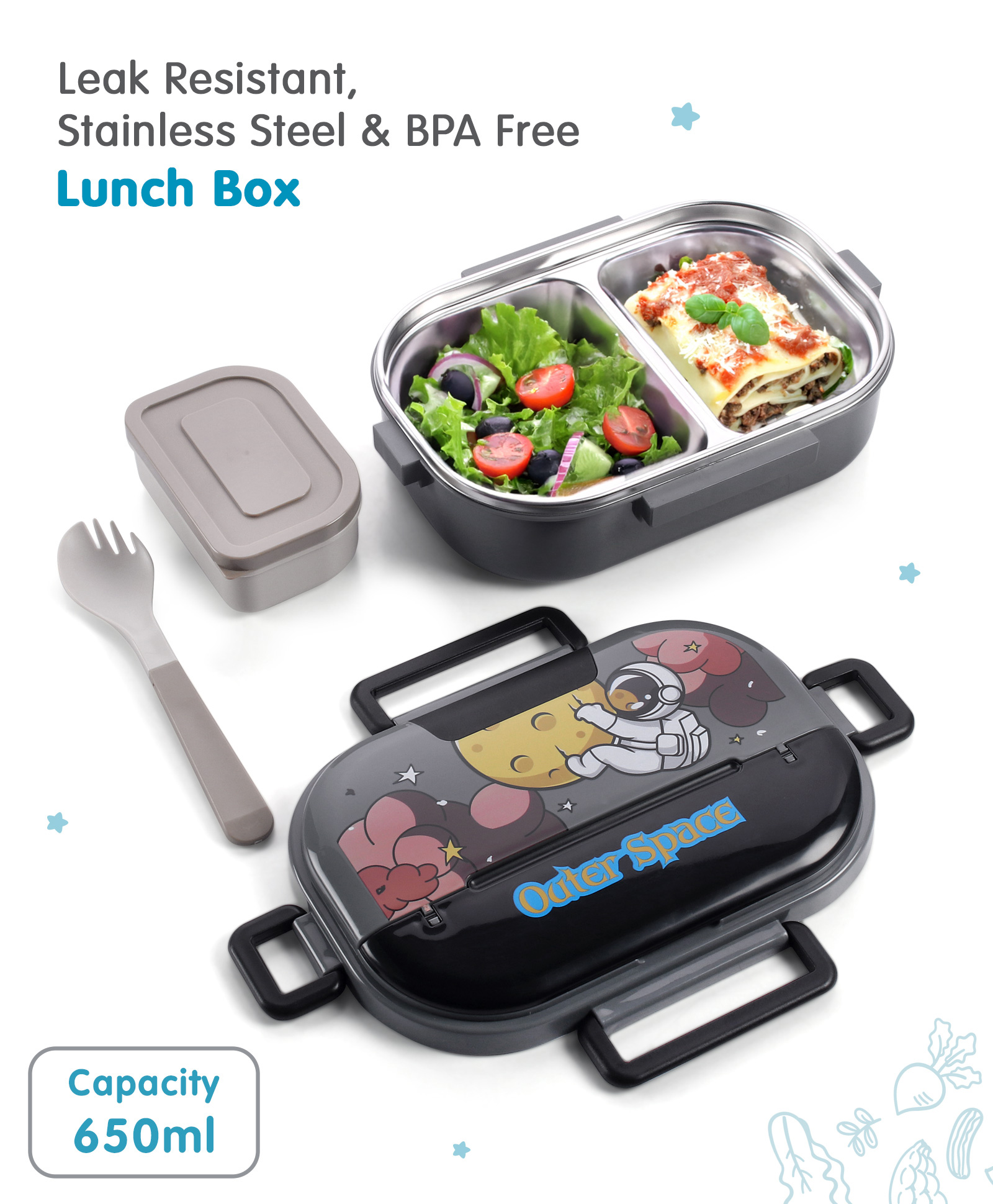 Stainless Steel Lunch Box with Outer Space Print - Black-image-31