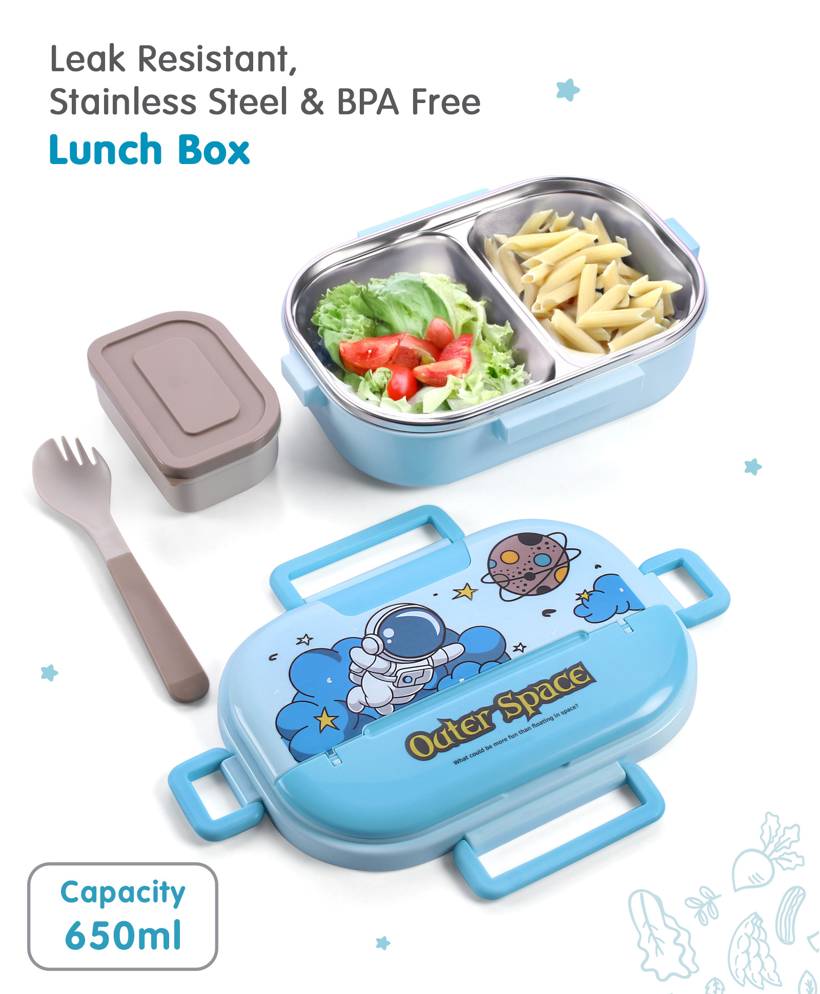 Stainless Steel Lunch Box with Outer Space Print - Light Blue-image-46