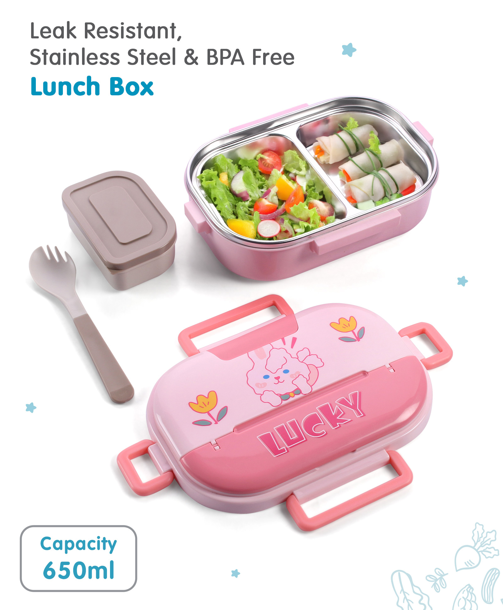 Stainless Steel Lunch Box with Kitty Print - Pink-image-44