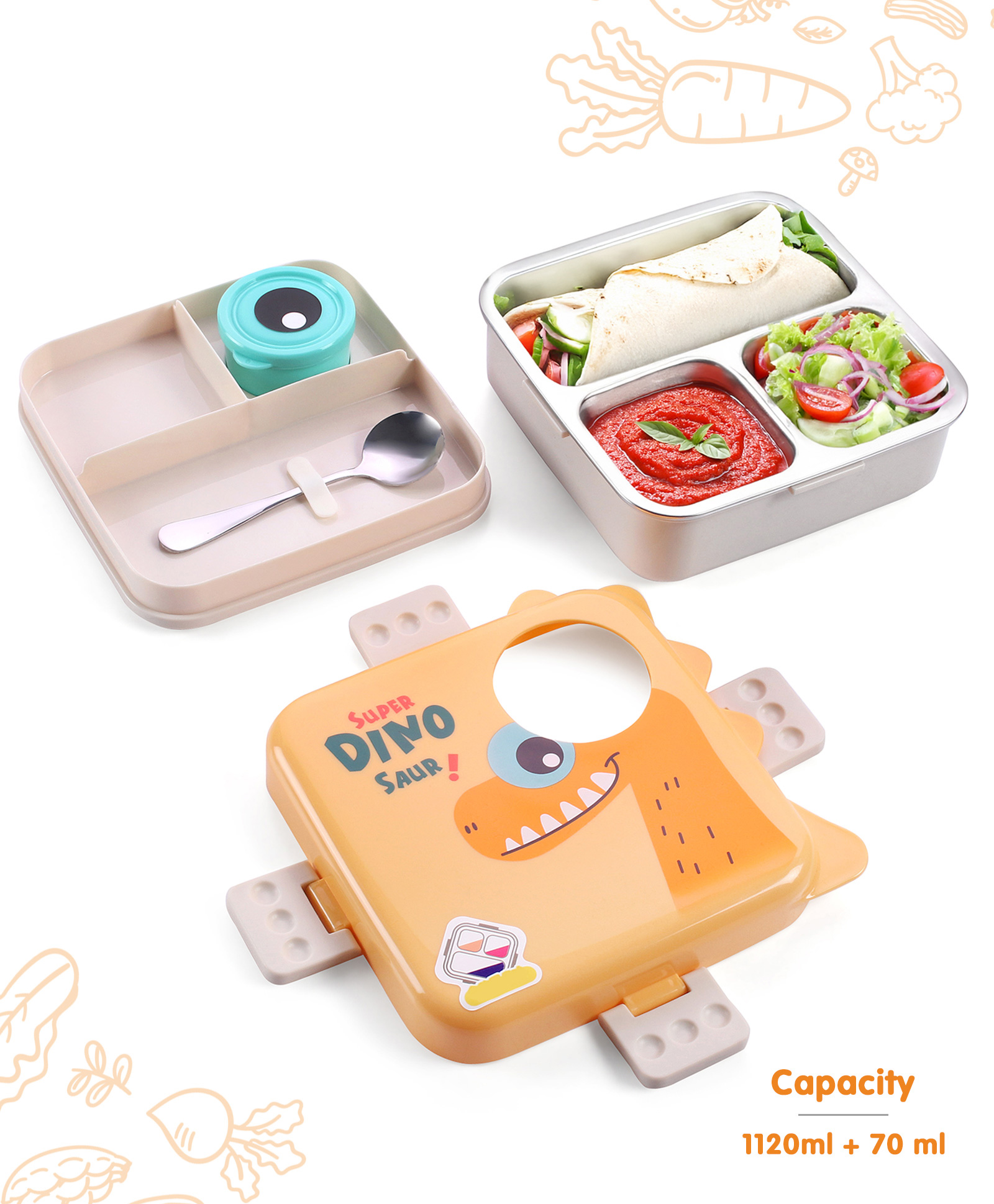Zoe Bento Lunch Box Stainless Steel with Dino Print - Yellow