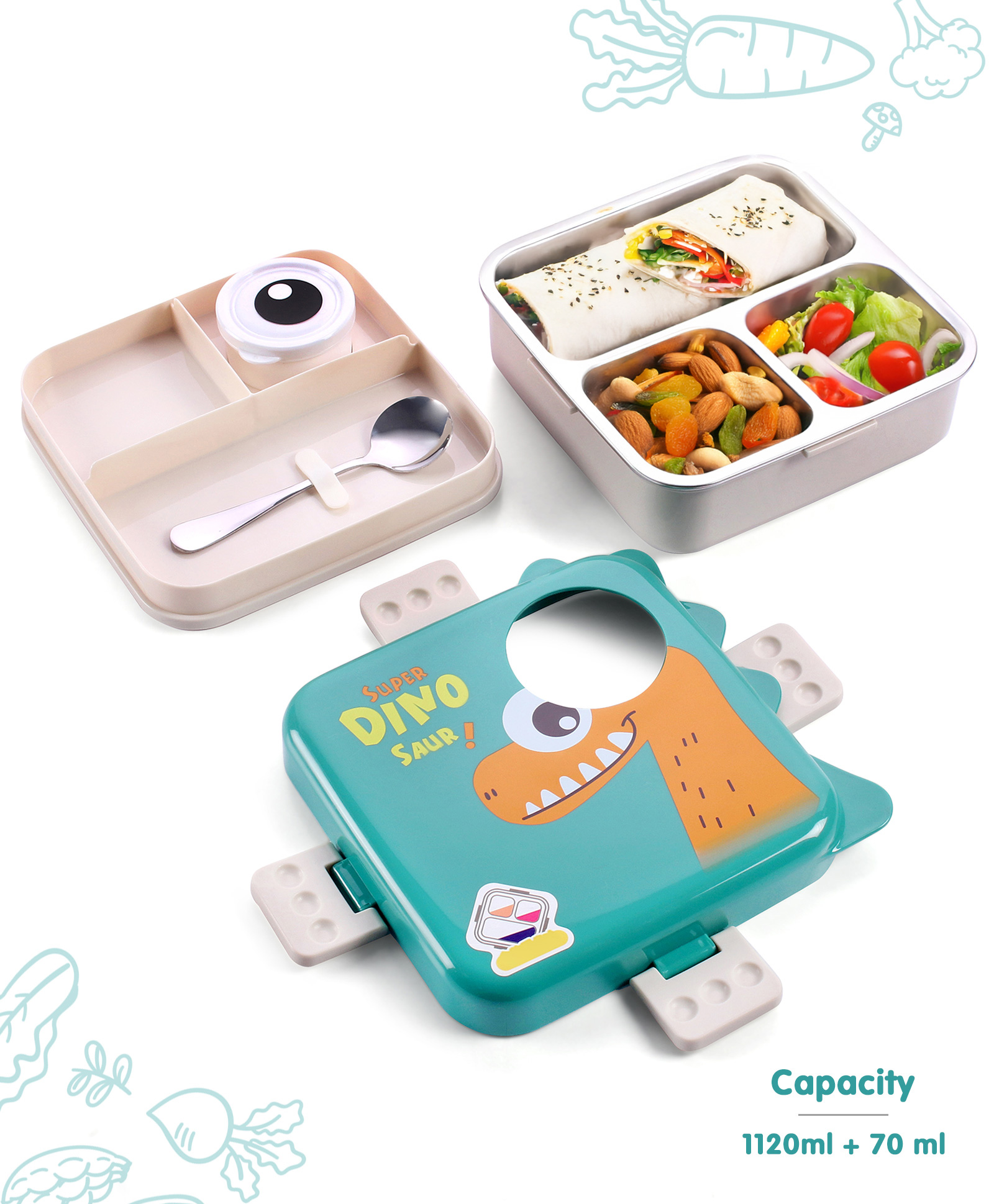 Zoe Bento Lunch Box Stainless Steel with Dino Print - Green