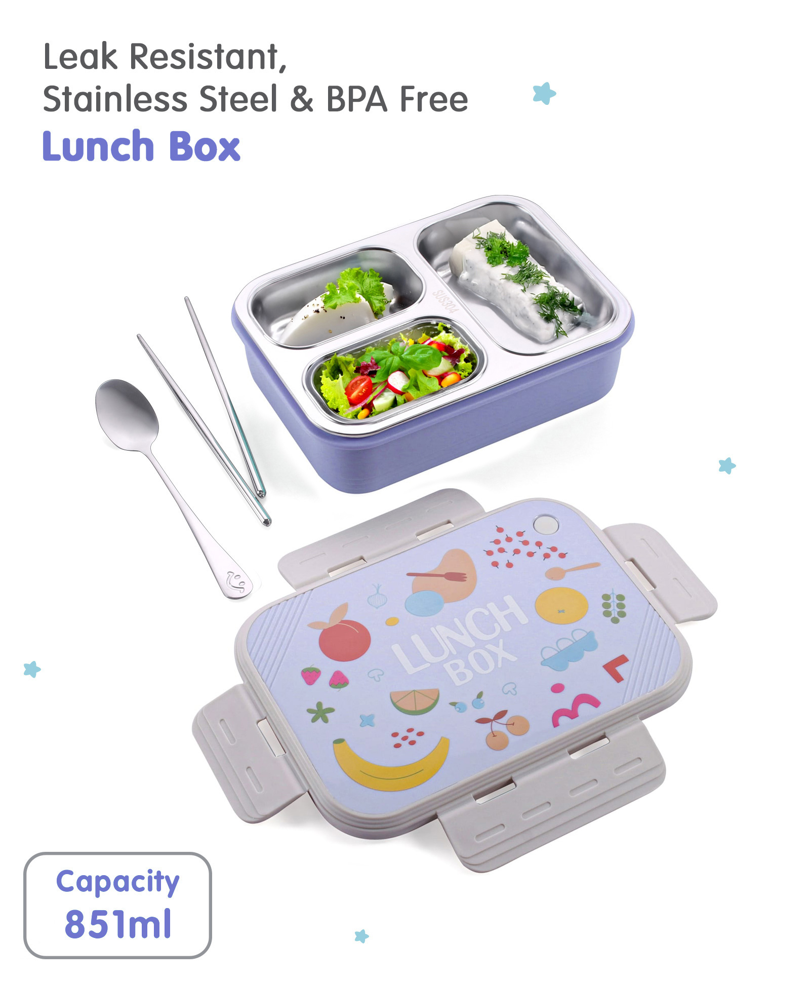Stainless Steel Fruit Printed Lunch Box - Light Blue-image-41