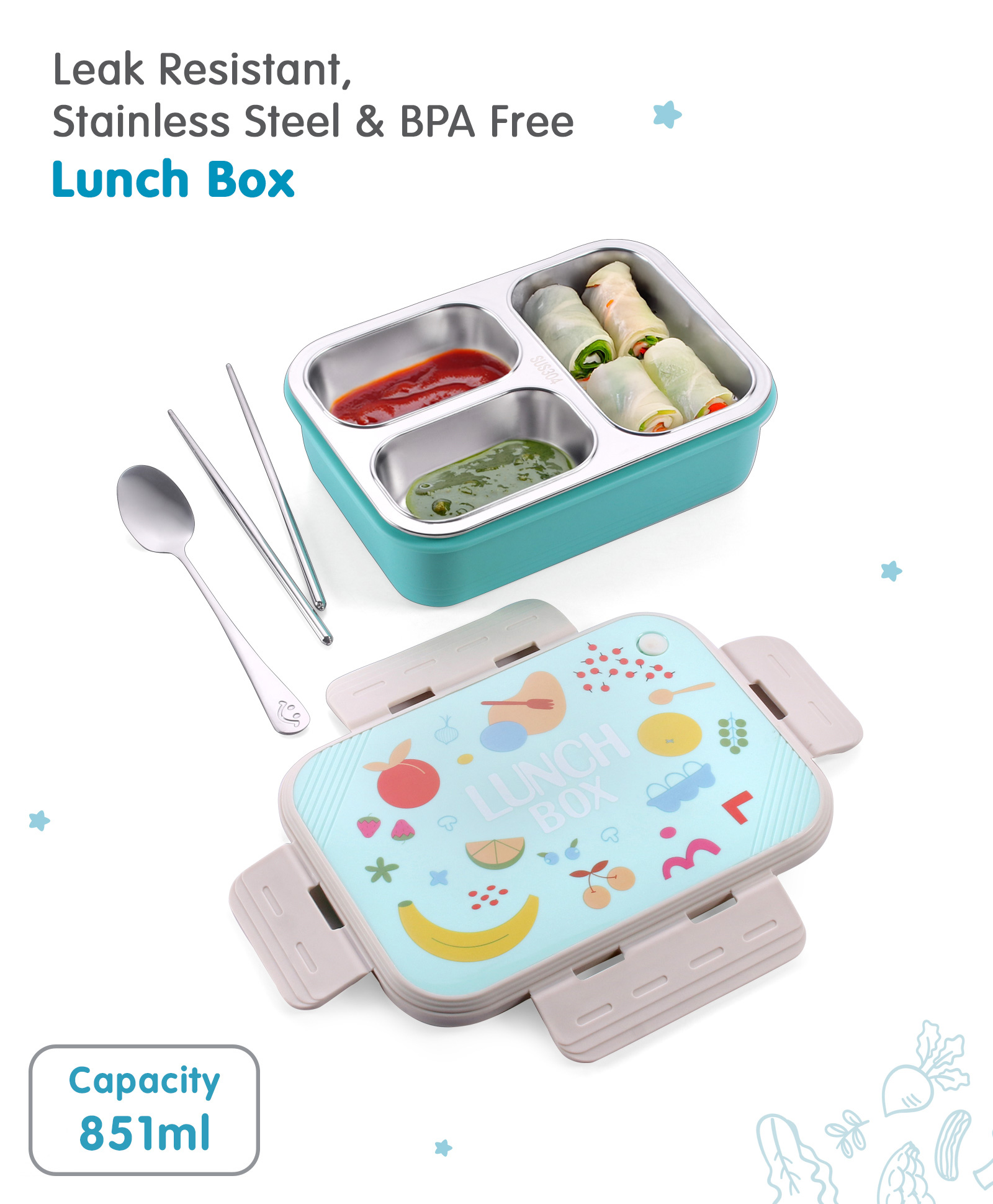 Stainless Steel Fruit Printed Lunch Box - Sea Green-image-38