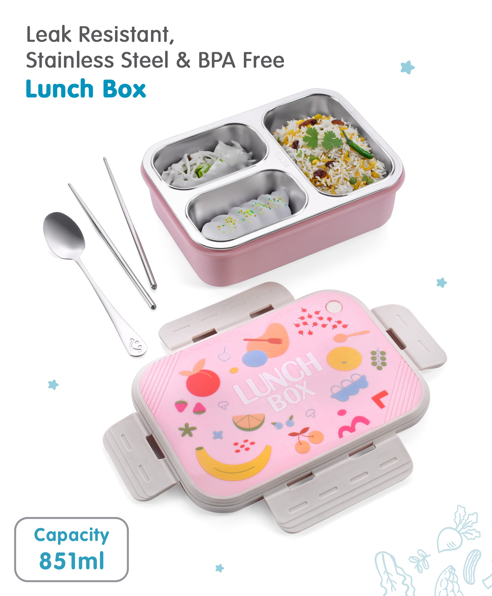Stainless Steel Fruit Printed Lunch Box - Pink-image-40