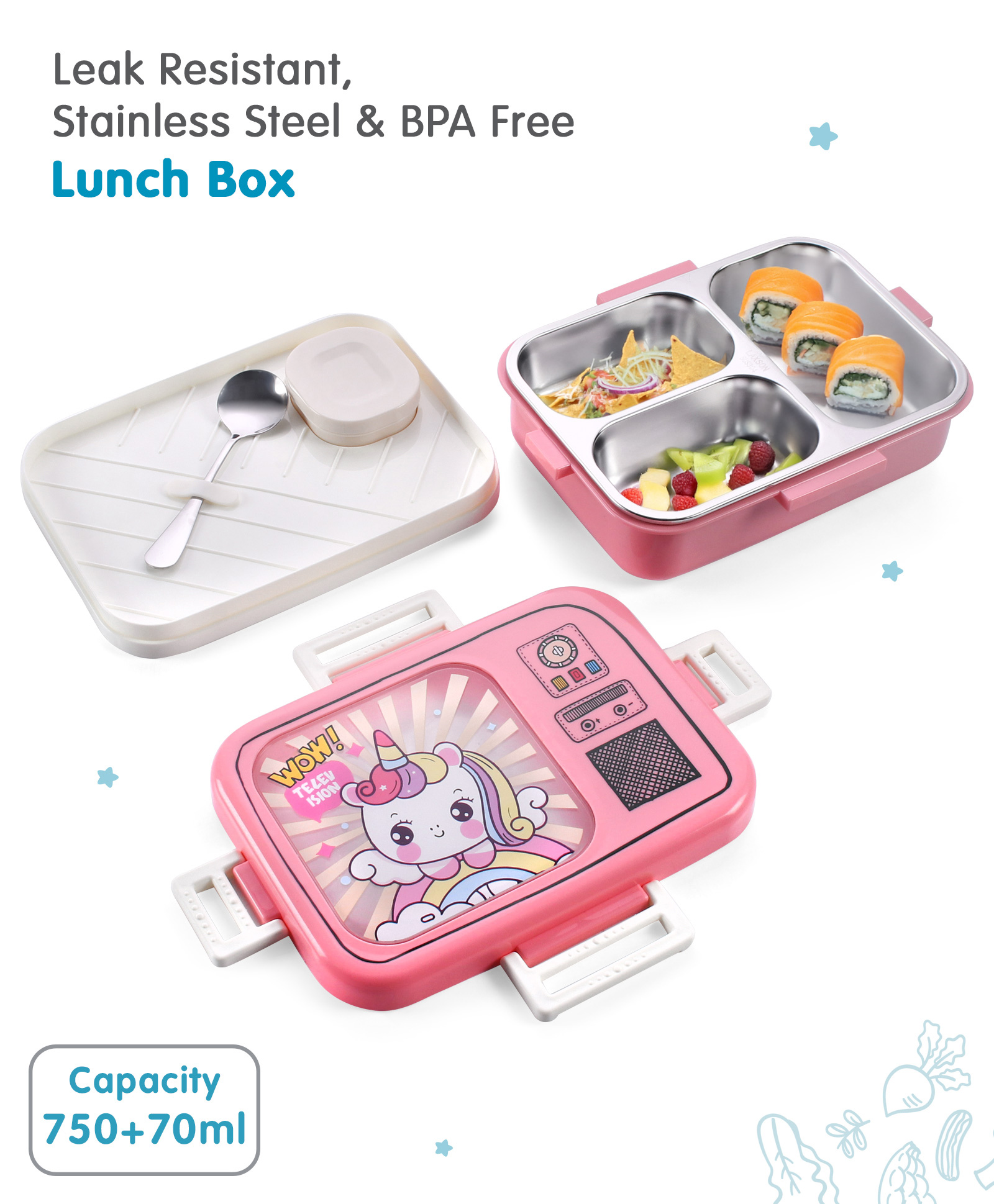 fab n funky Stainless Steel Unicorn Printed Lunch Box - Pink-picture-13