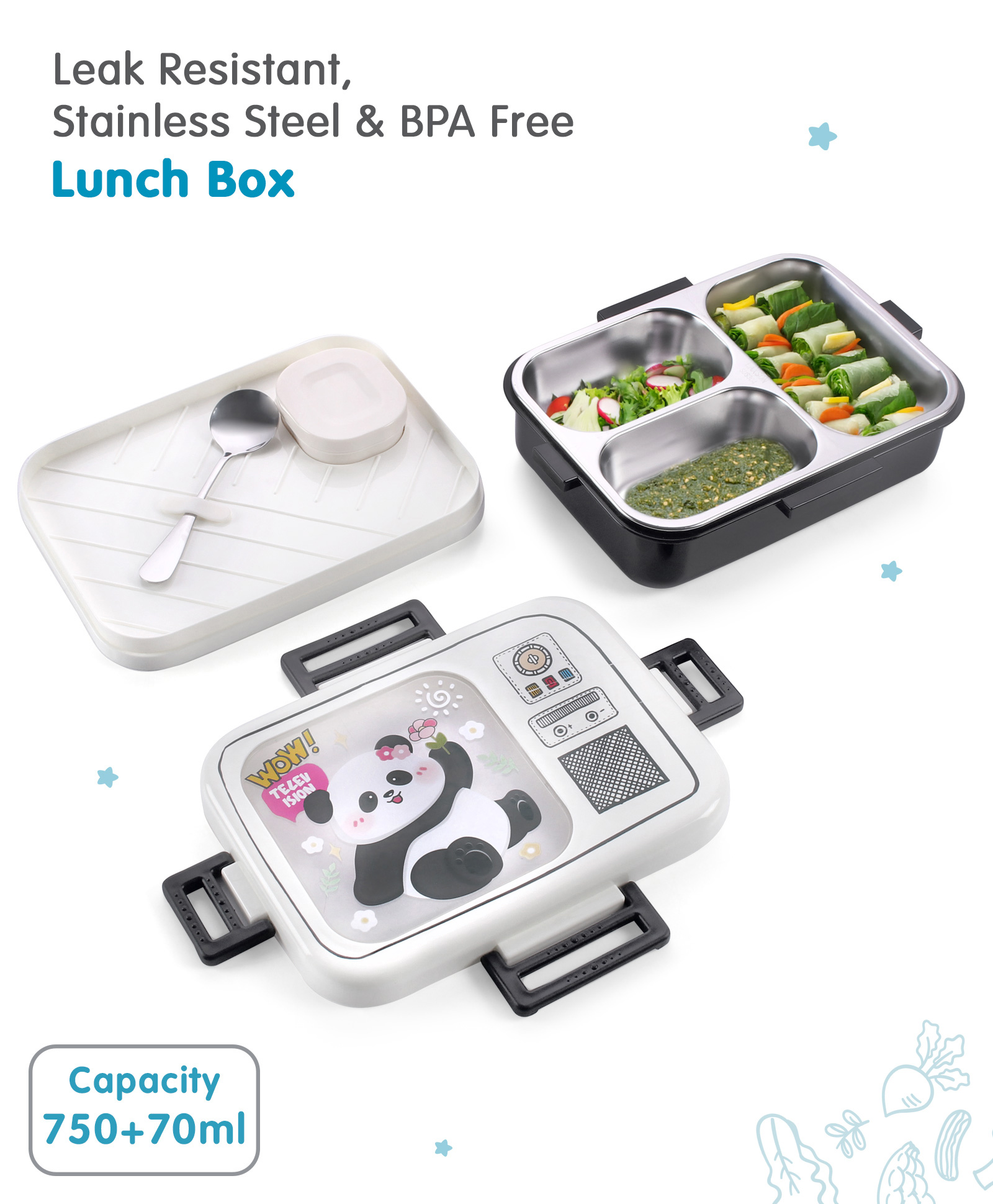 fab n funky Stainless Steel Panda Printed Lunch Box - White-picture-17