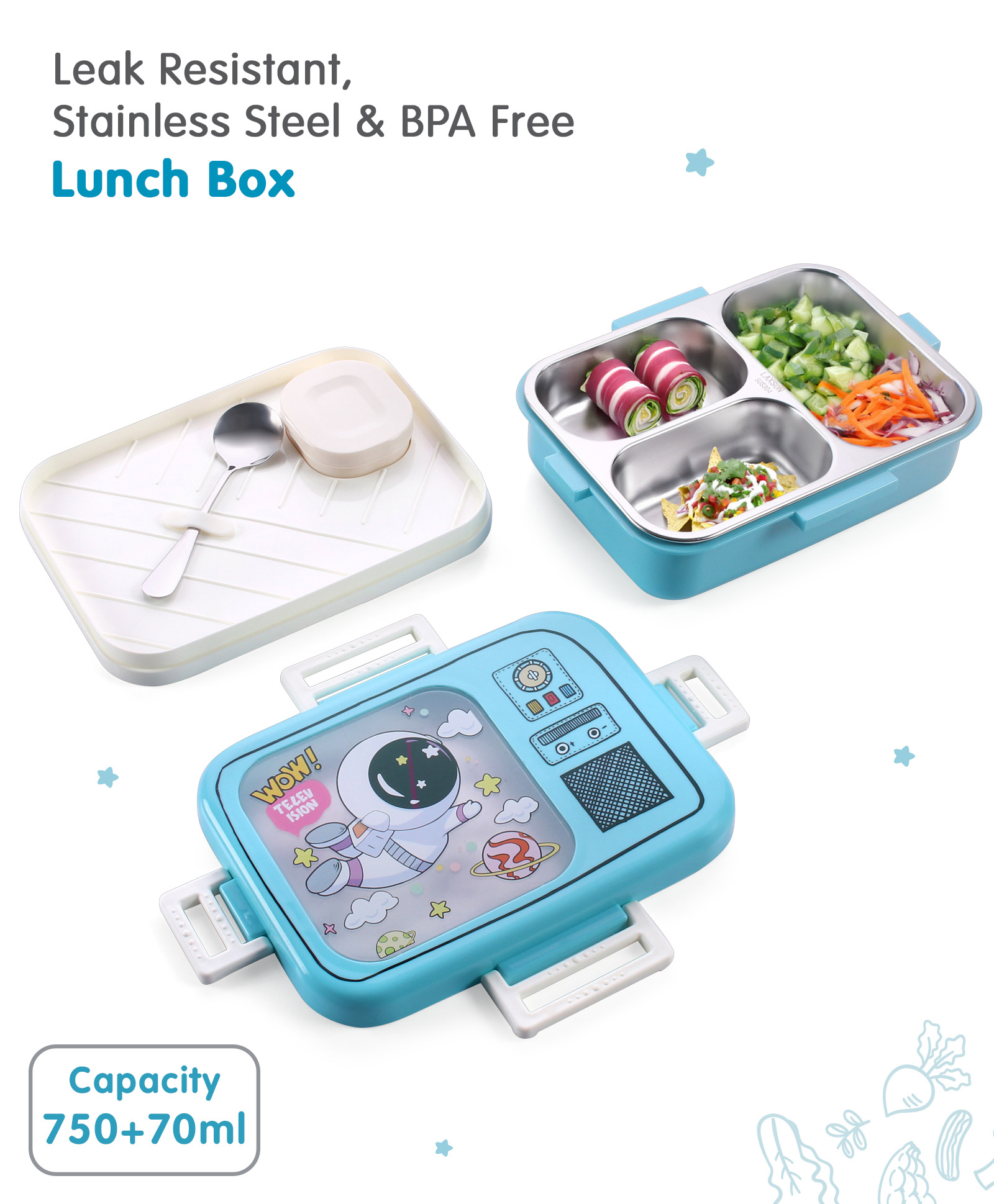 fab n funky Stainless Steel Astronaut Printed Lunch Box - Light Blue-picture-20