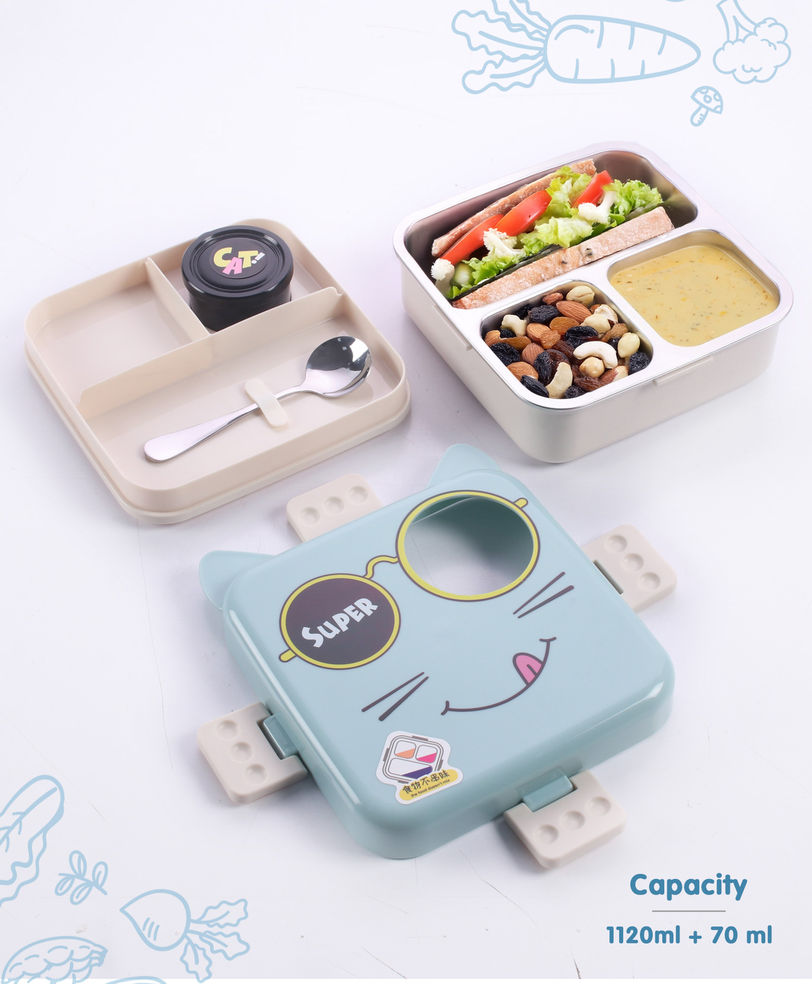 ZOE Stainless Steel Super Cat Printed Lunch Box - Light Blue-picture-28