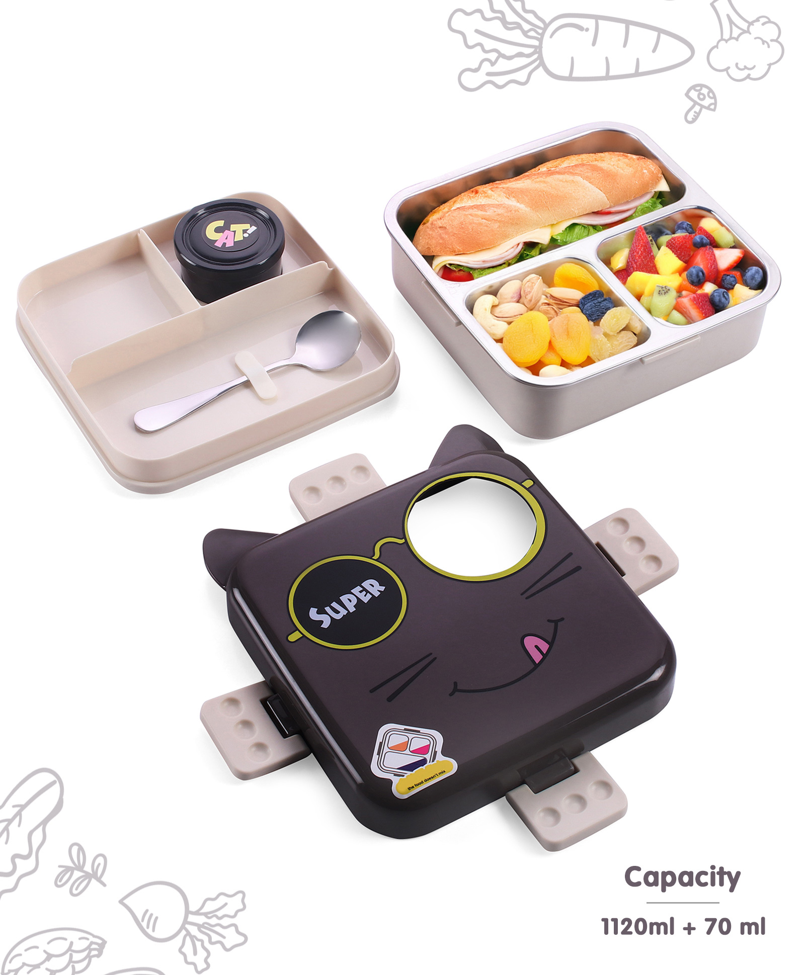 ZOE Stainless Steel Super Cat Printed Lunch Box - Grey-image-40