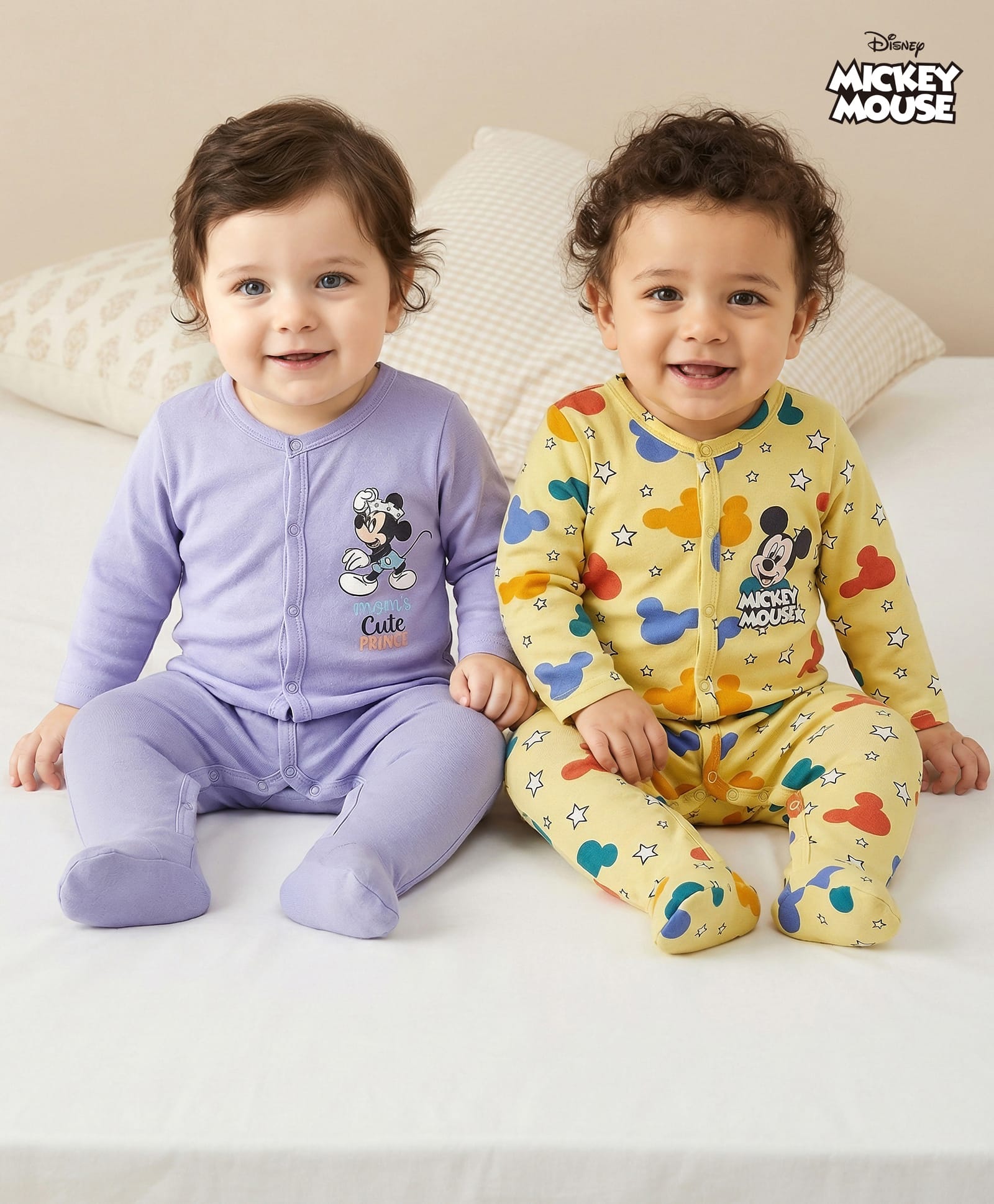 Babyoye Disney Interlock Full Sleeve Footed Sleepsuit With Mickey Mouse Graphic Set Of 2 - Purple & Yellow-image-45