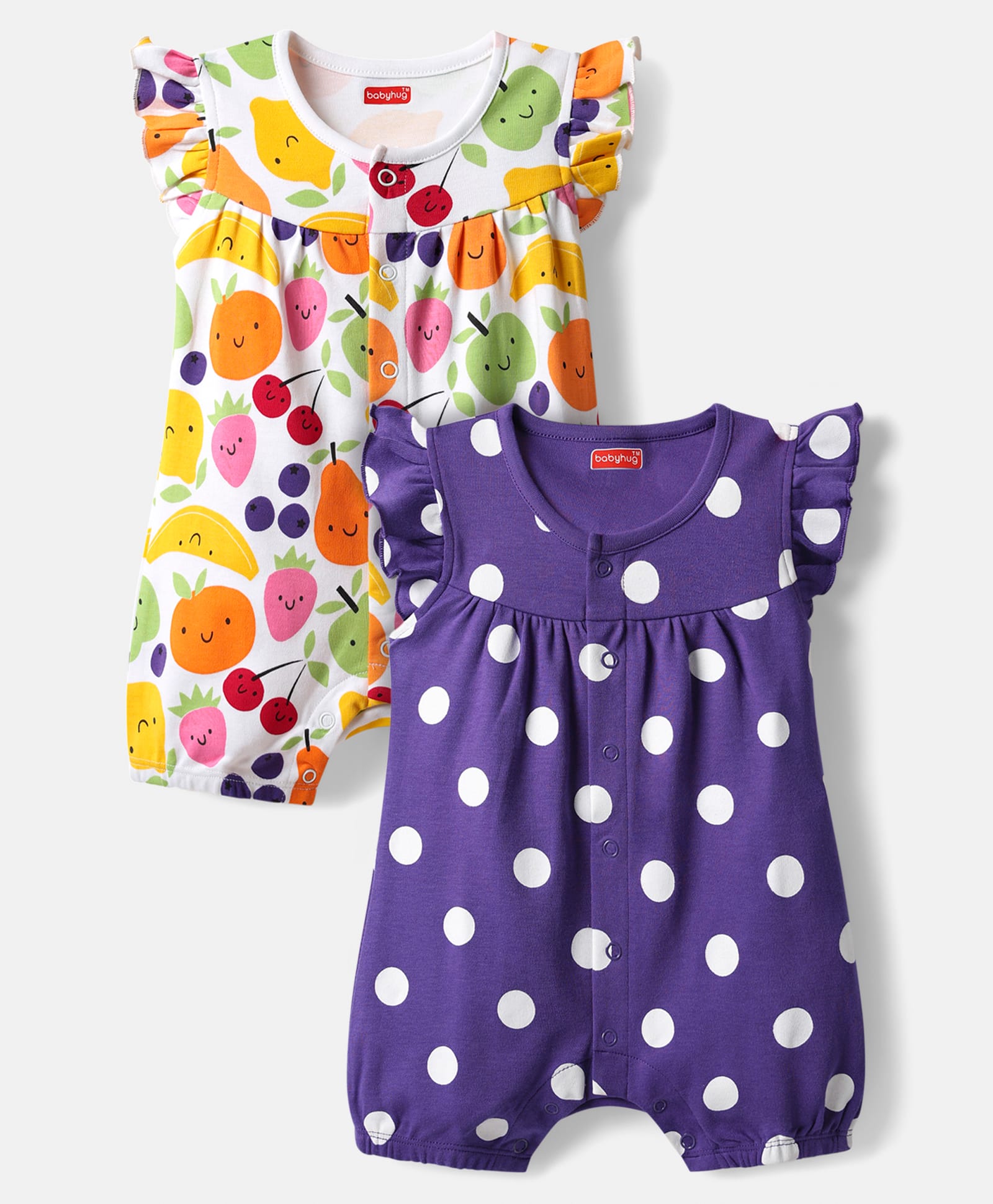 Babyhug 100% Cotton Interlock Knit Half Sleeves Romper with Polka Dot Design & Tropical Print Pack of 2 - Purple & White