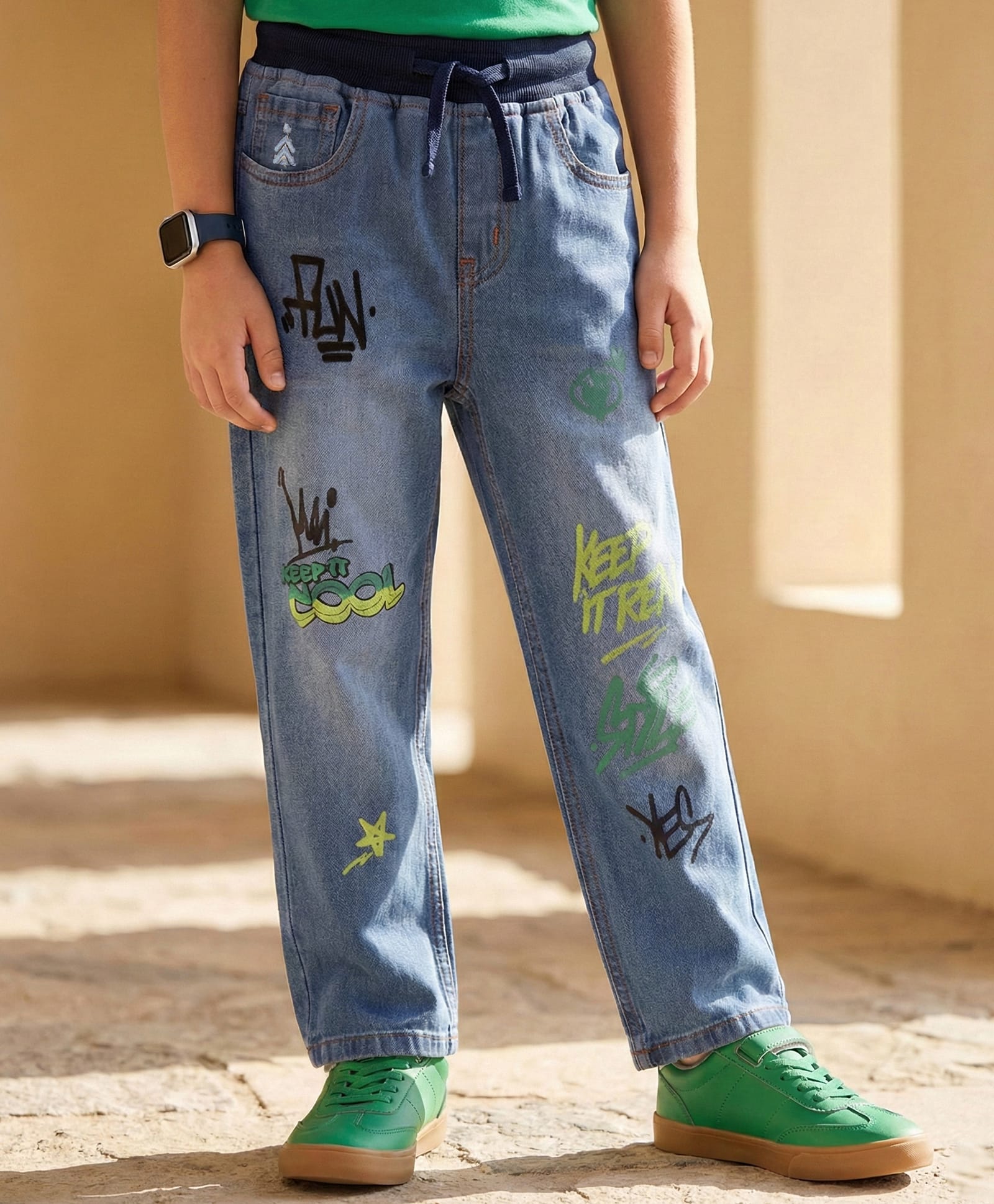 Pine Kids Woven Full Length Washed Denim Jeans With Text Print - Blue-picture-12