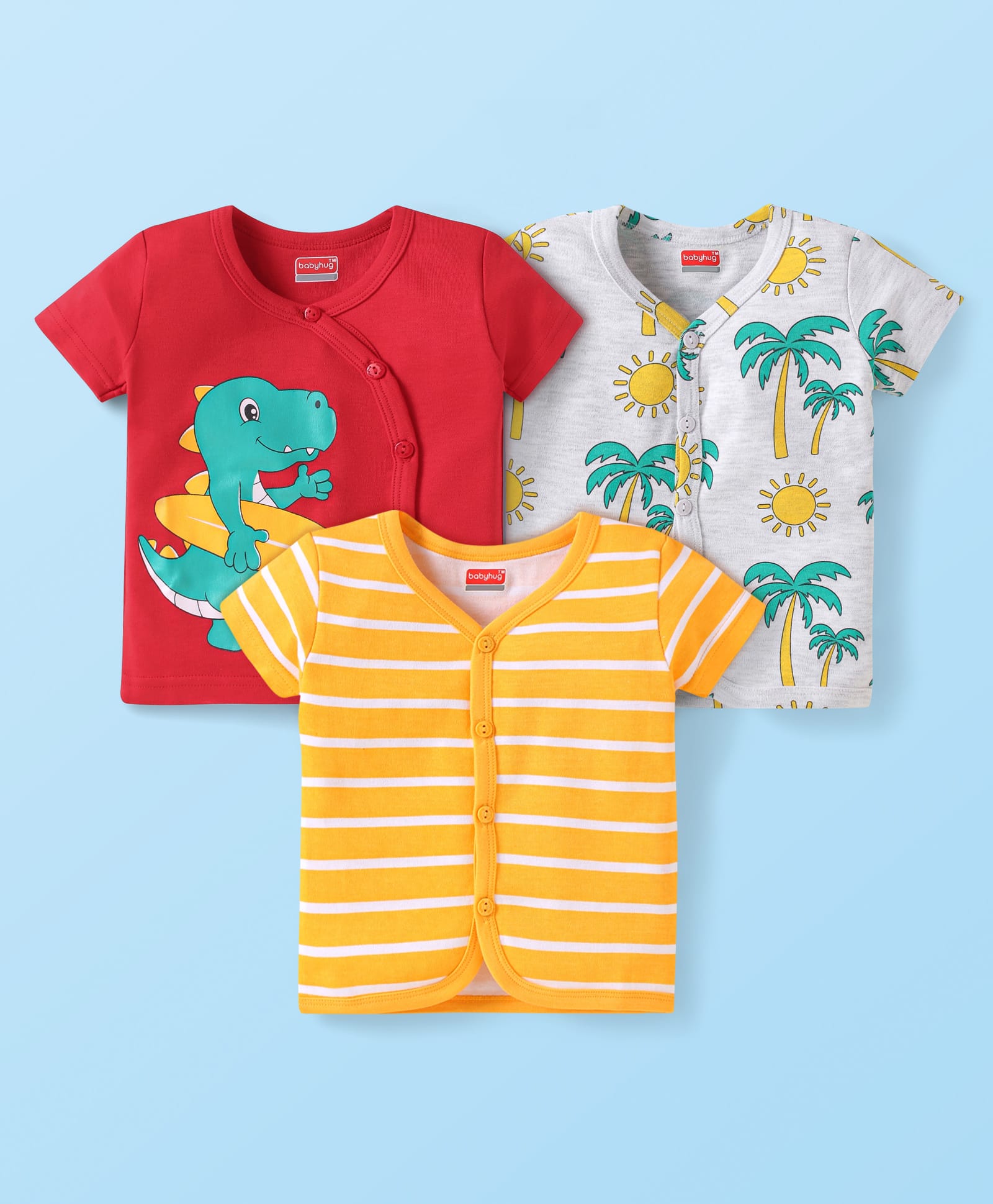 Babyhug 100% Cotton Knit Front Open Vests with Dino & Tree Print Pack of 3 - Orange Red & Grey-image-28