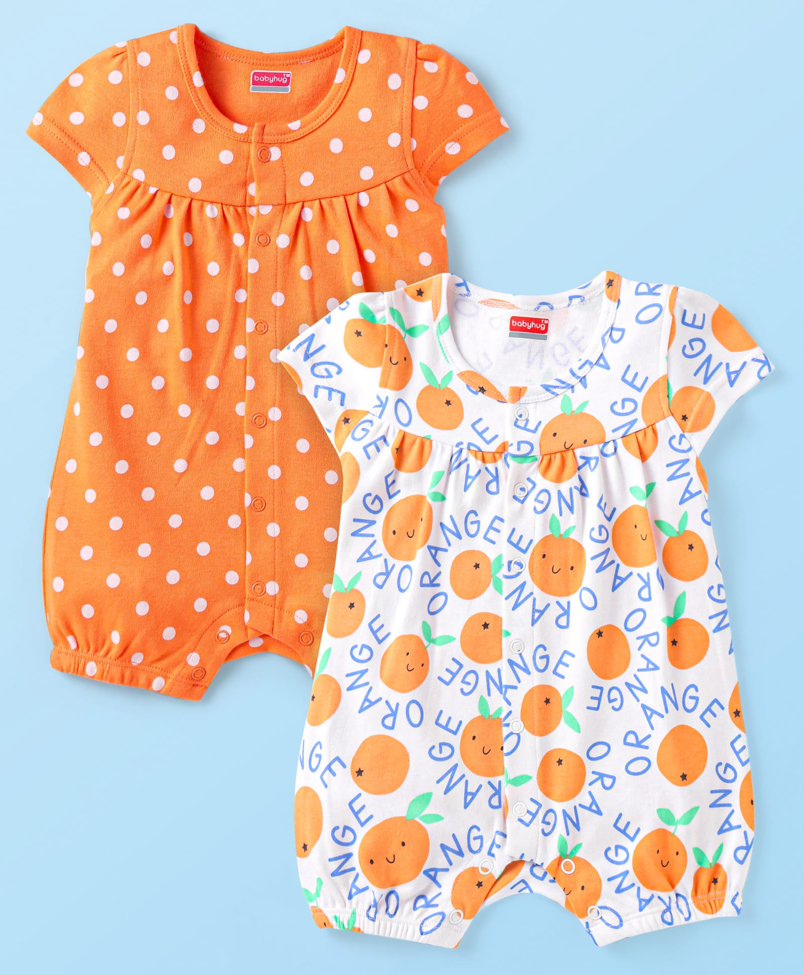 Babyhug Interlock Knit Half Sleeves Rompers With Fruit & Polka Dot Print Pack of 2 - Orange & White-image-45