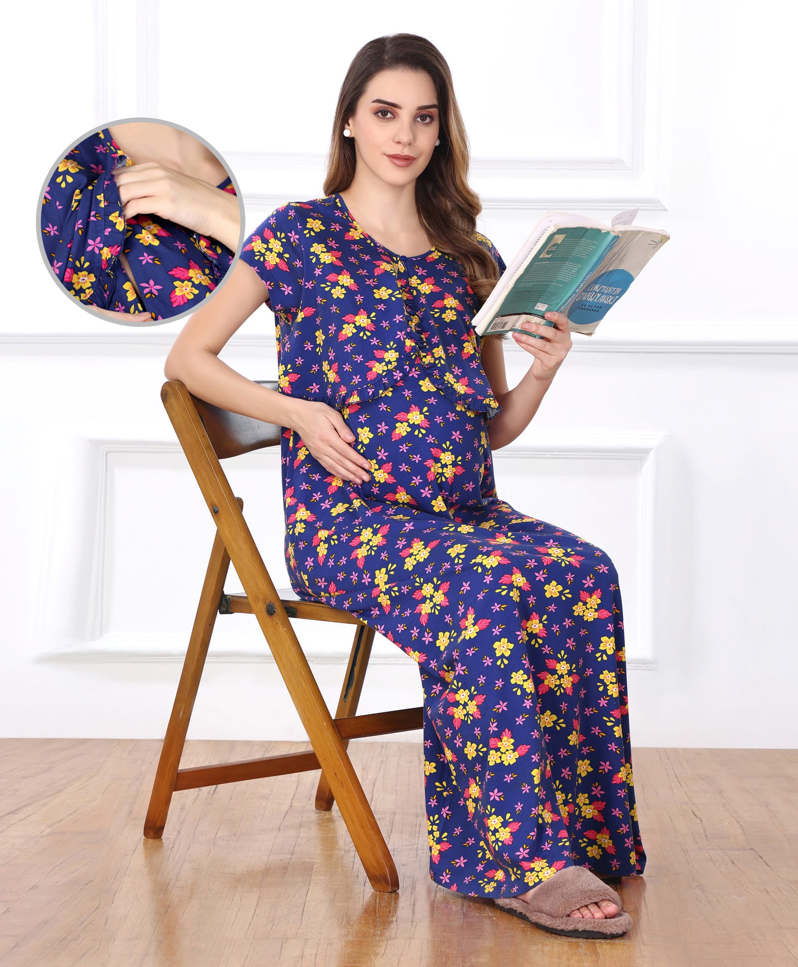 Bella Mama Cotton Knit Half Sleeves Concealed Zipper Floral Printed Nighty - Royal Blue-picture-11