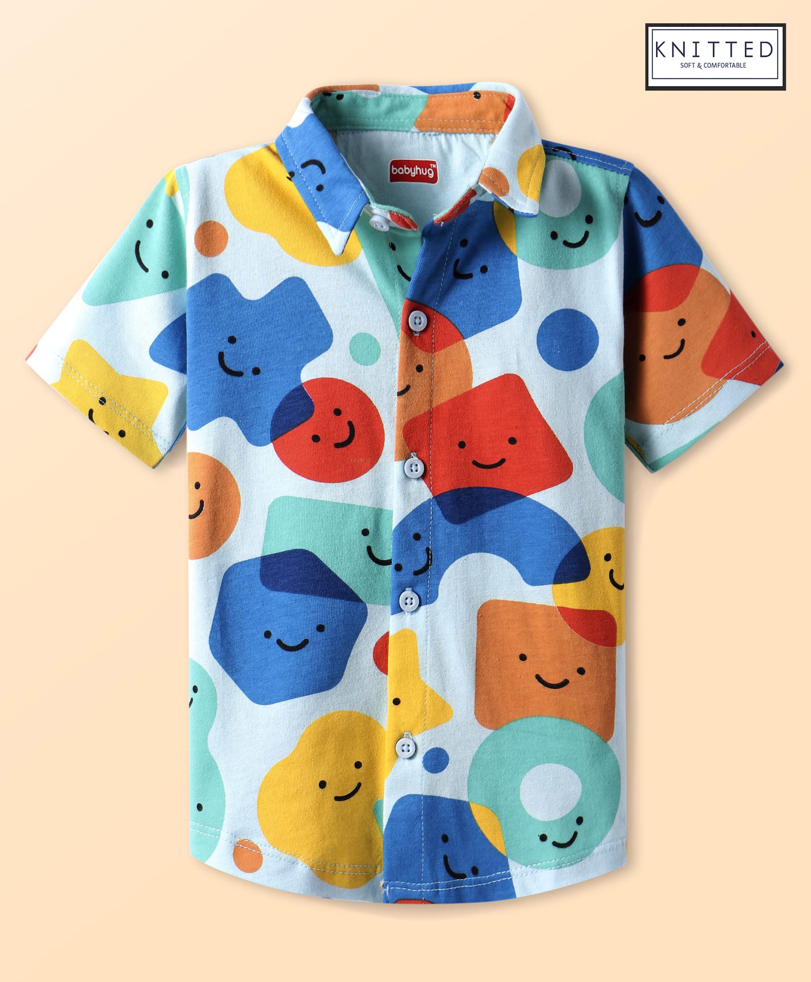 Babyhug Cotton Knit Half Sleeves Shirt With Shapes Print - White-image-34