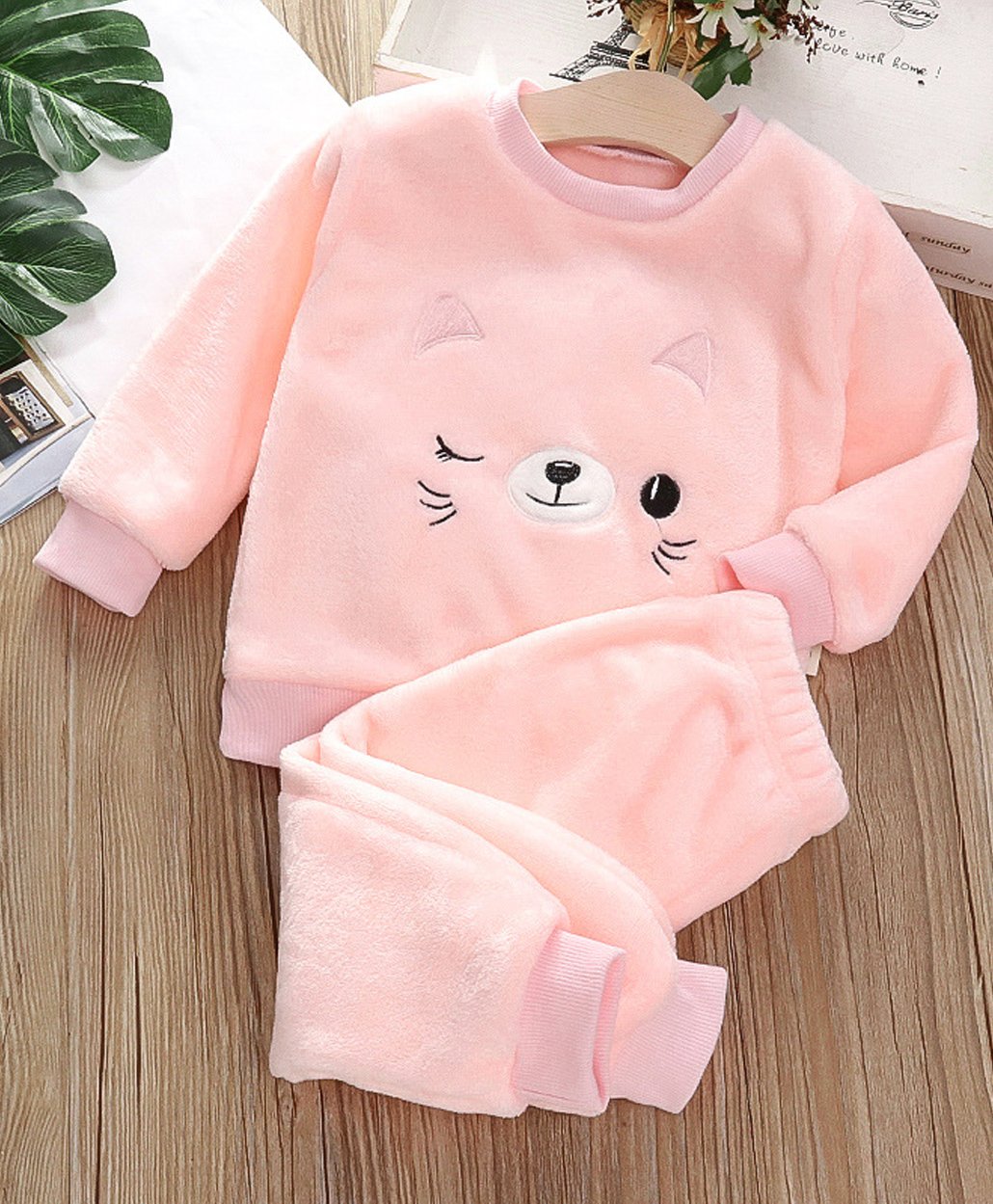Babymoon Velvet Knit Full Sleeves Cat Patch Embroidered Tee & Pajama Set - Pink-image-32
