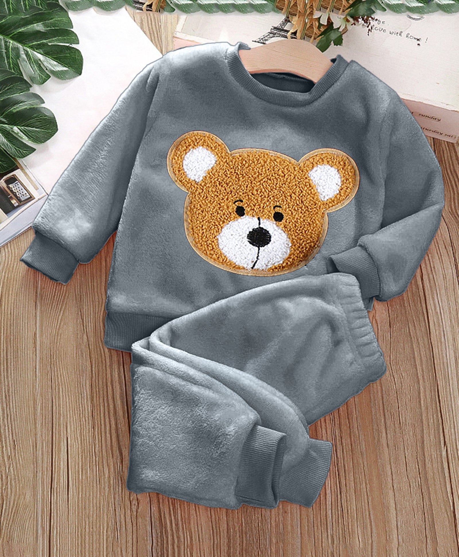 Babymoon Velvet Knit Full Sleeves Bear Patch Embroidered Tee & Pajama Set - Grey-image-29