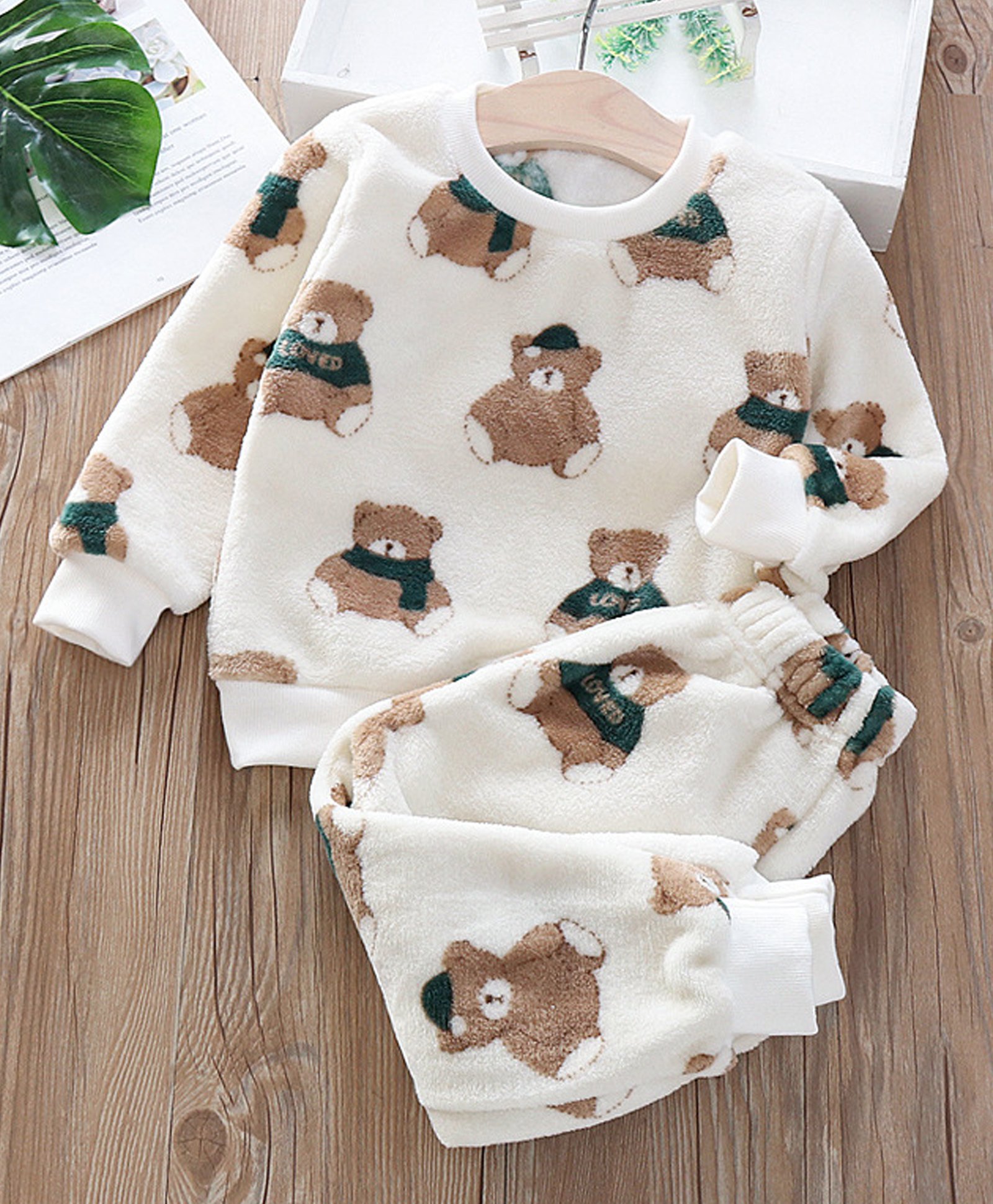 Babymoon Velvet Knit Full Sleeves Bear Printed Coordinating Tee & Pajama Set - White-image-27
