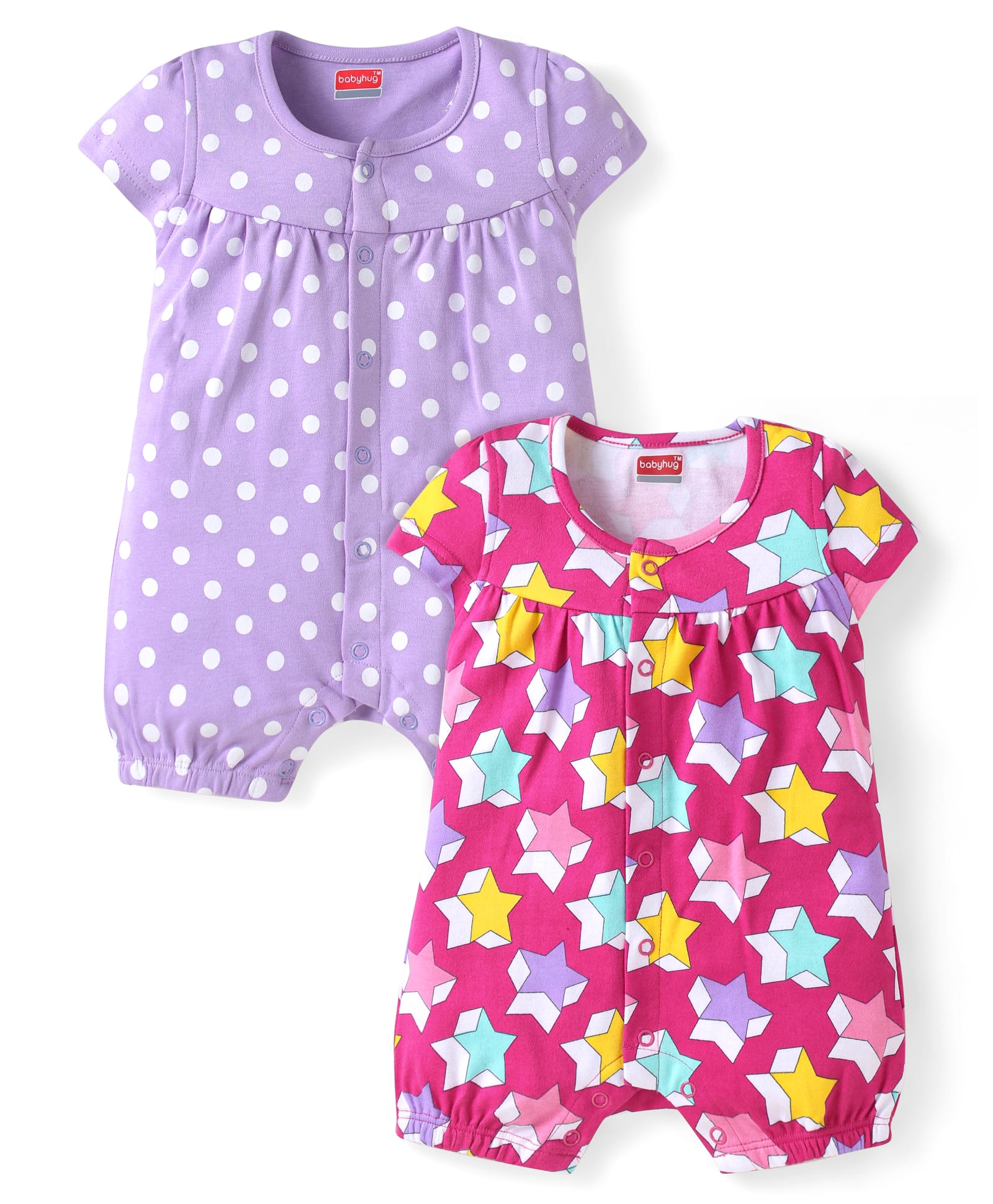 Babyhug 100% Cotton Half Sleeves Rompers with Polka Dots & Star Pack of 2 - Dark Pink & Purple