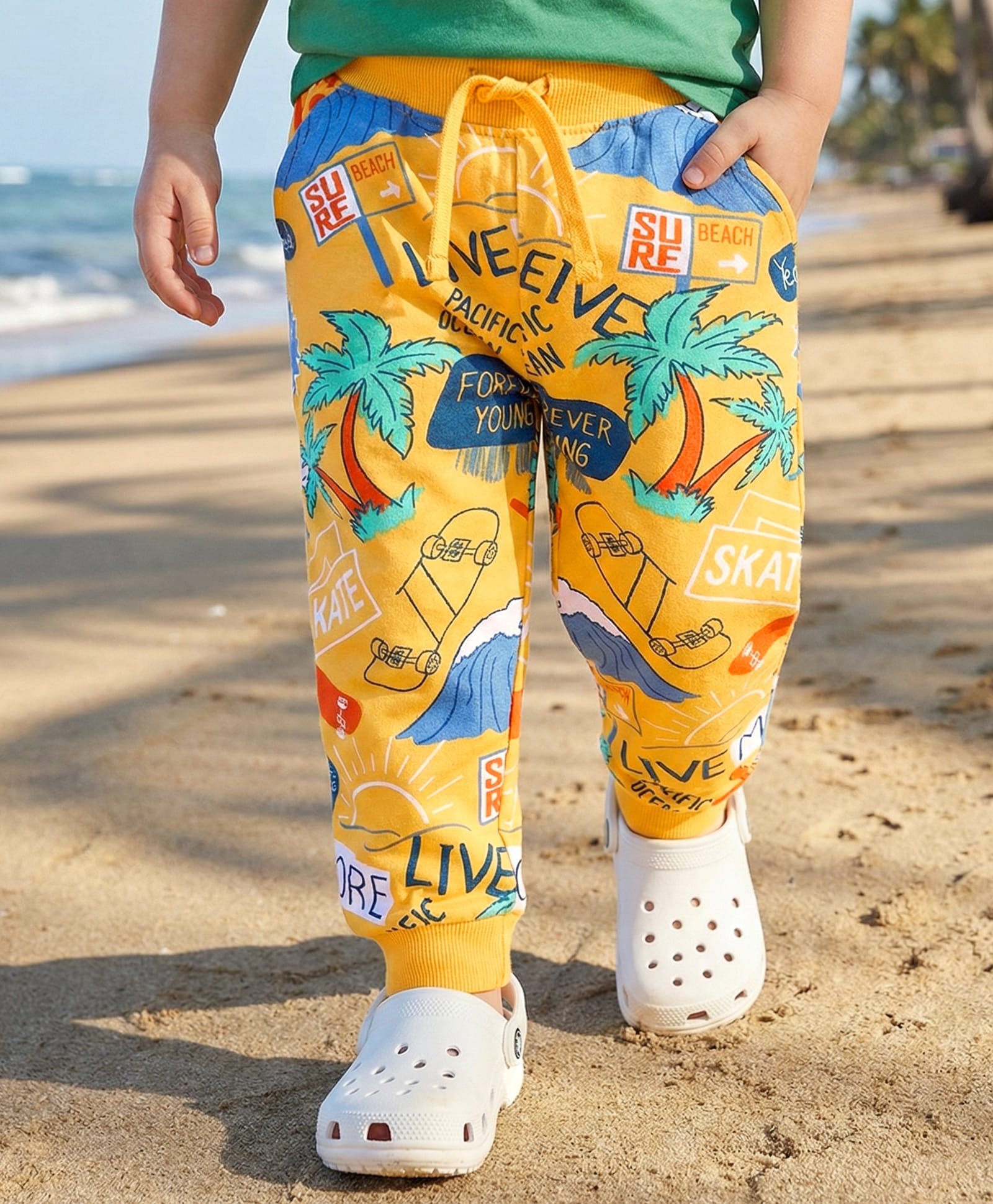 Babyhug Terry Knit Full Length Lounge Pant With Beach Theme Print - Yellow-picture-15