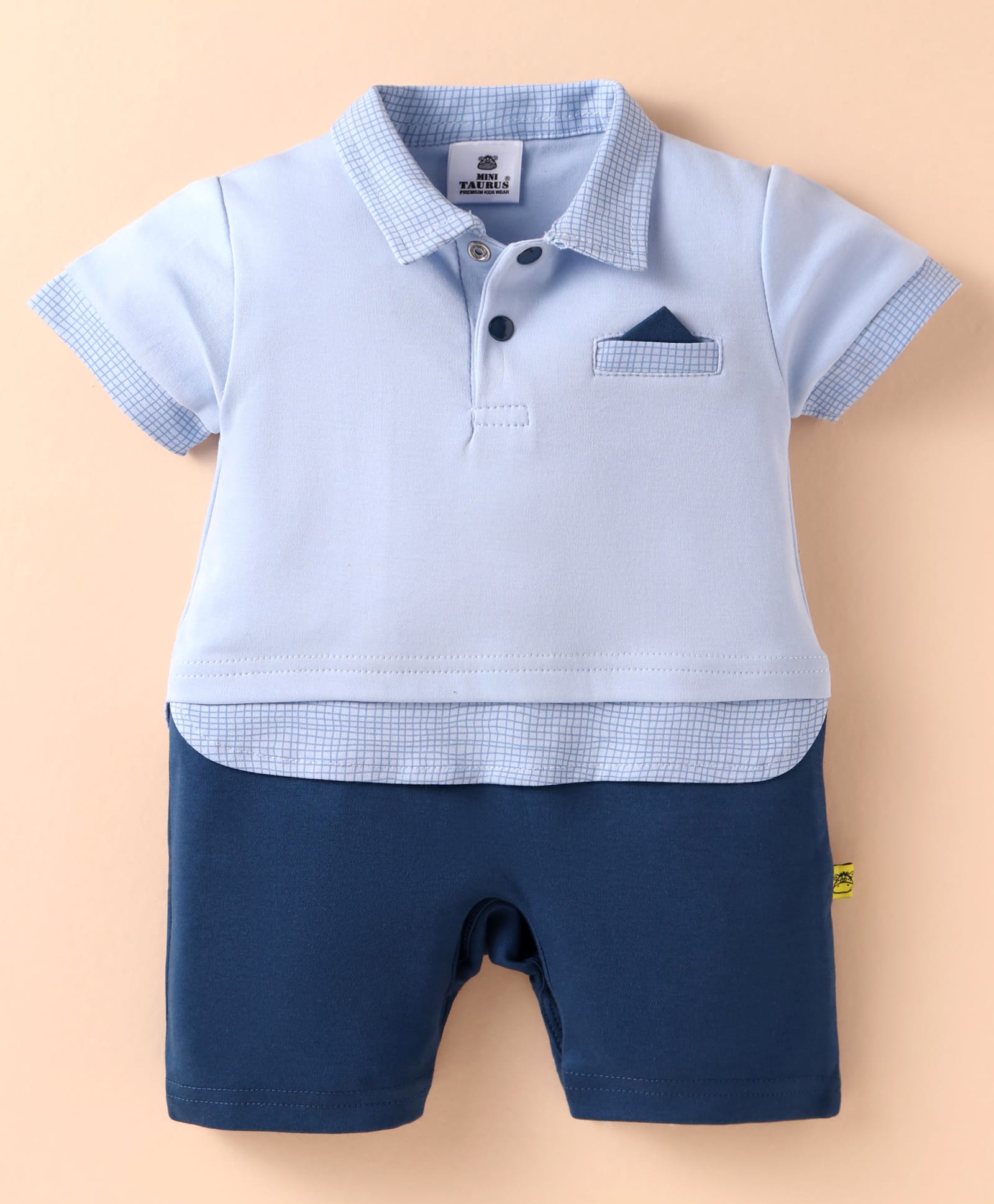 Mini Taurus Interlock Knit Half Sleeves Collared Solid Romper - Light Blue