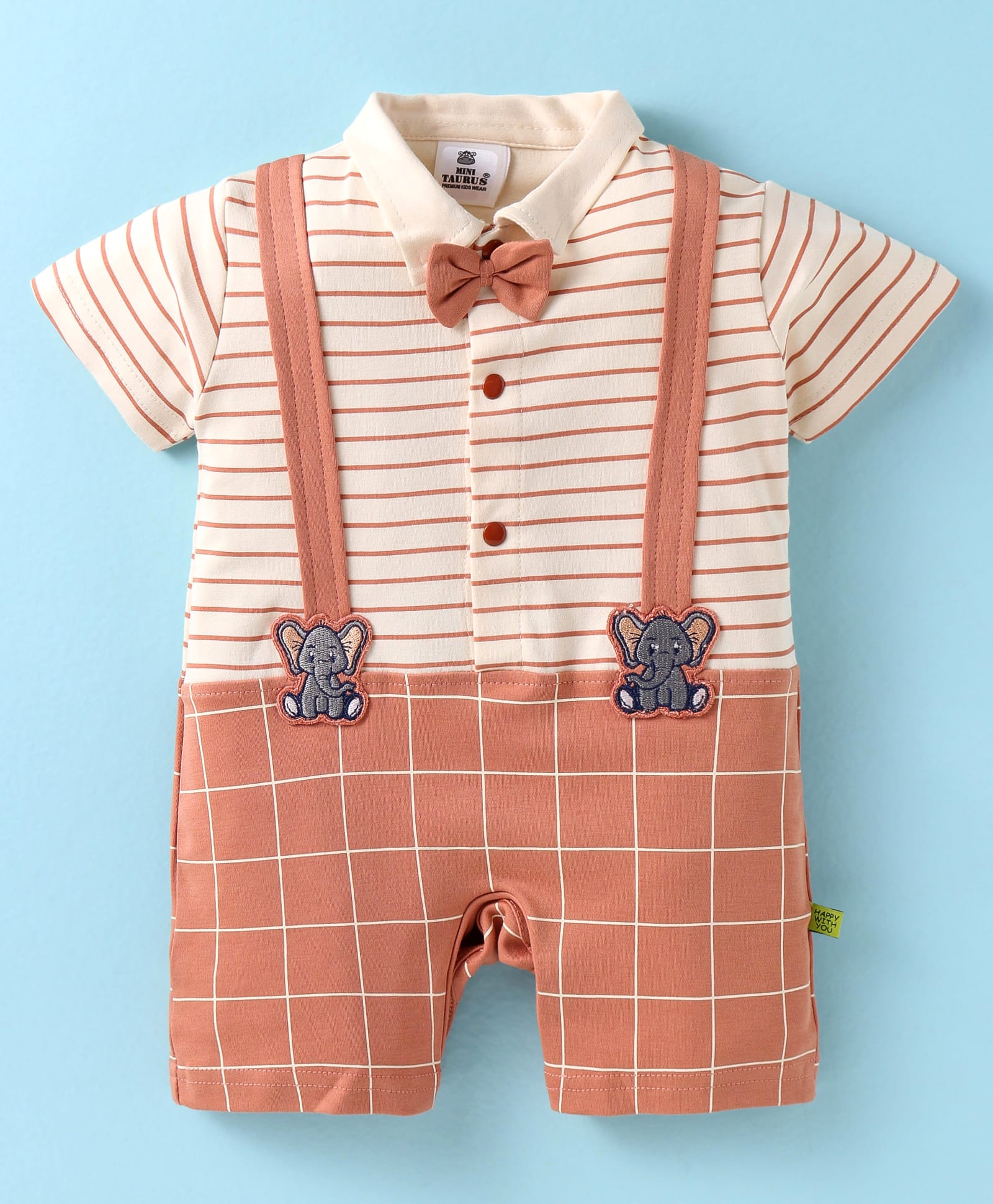 Mini Taurus Interlock Knit Half Sleeves Collared Romper with Elephant Patch Stripes & Bow Applique - Coral-picture-34