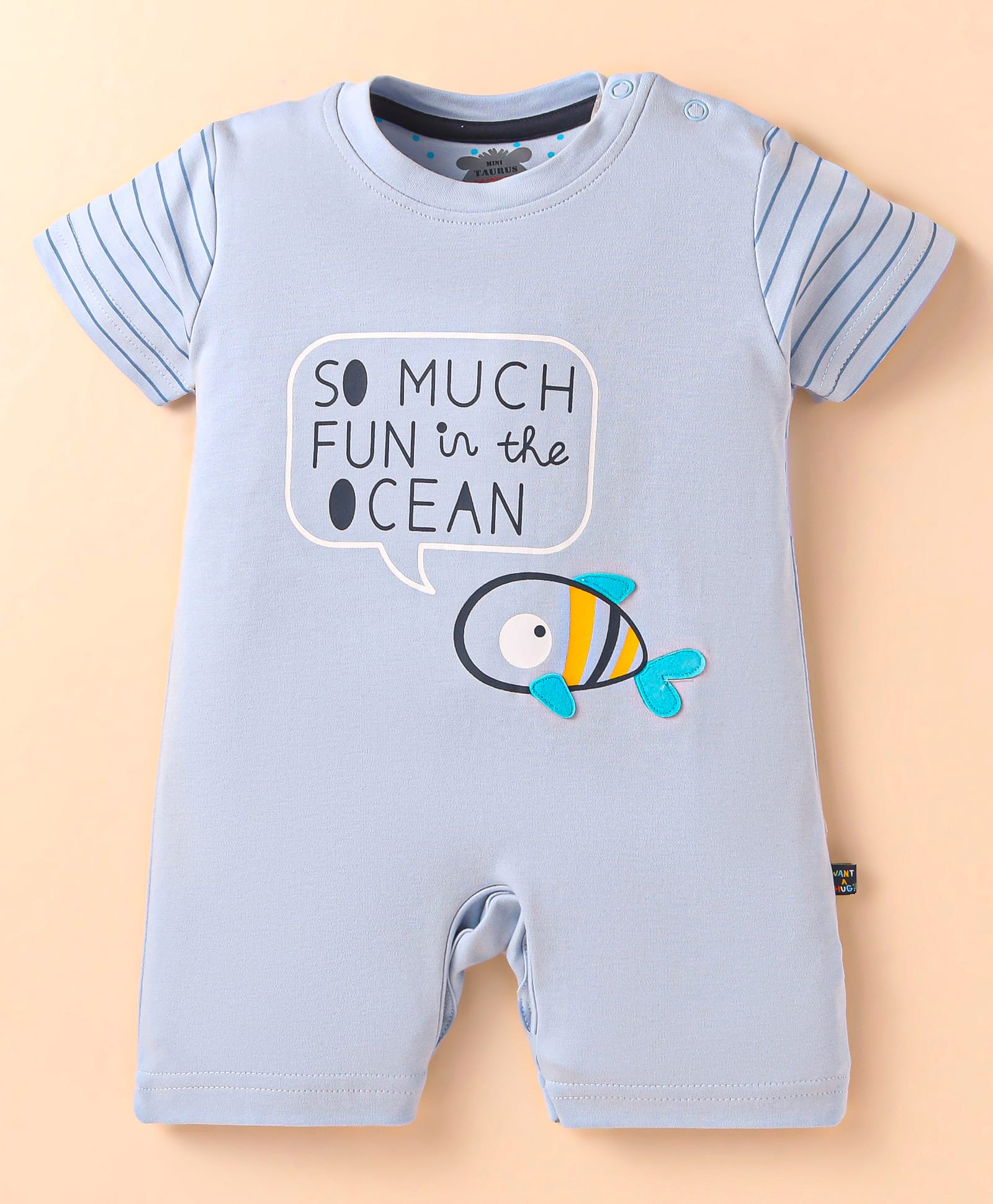 Mini Taurus Interlock Knit Half Sleeves Romper with Text Print - Sky Blue-picture-11