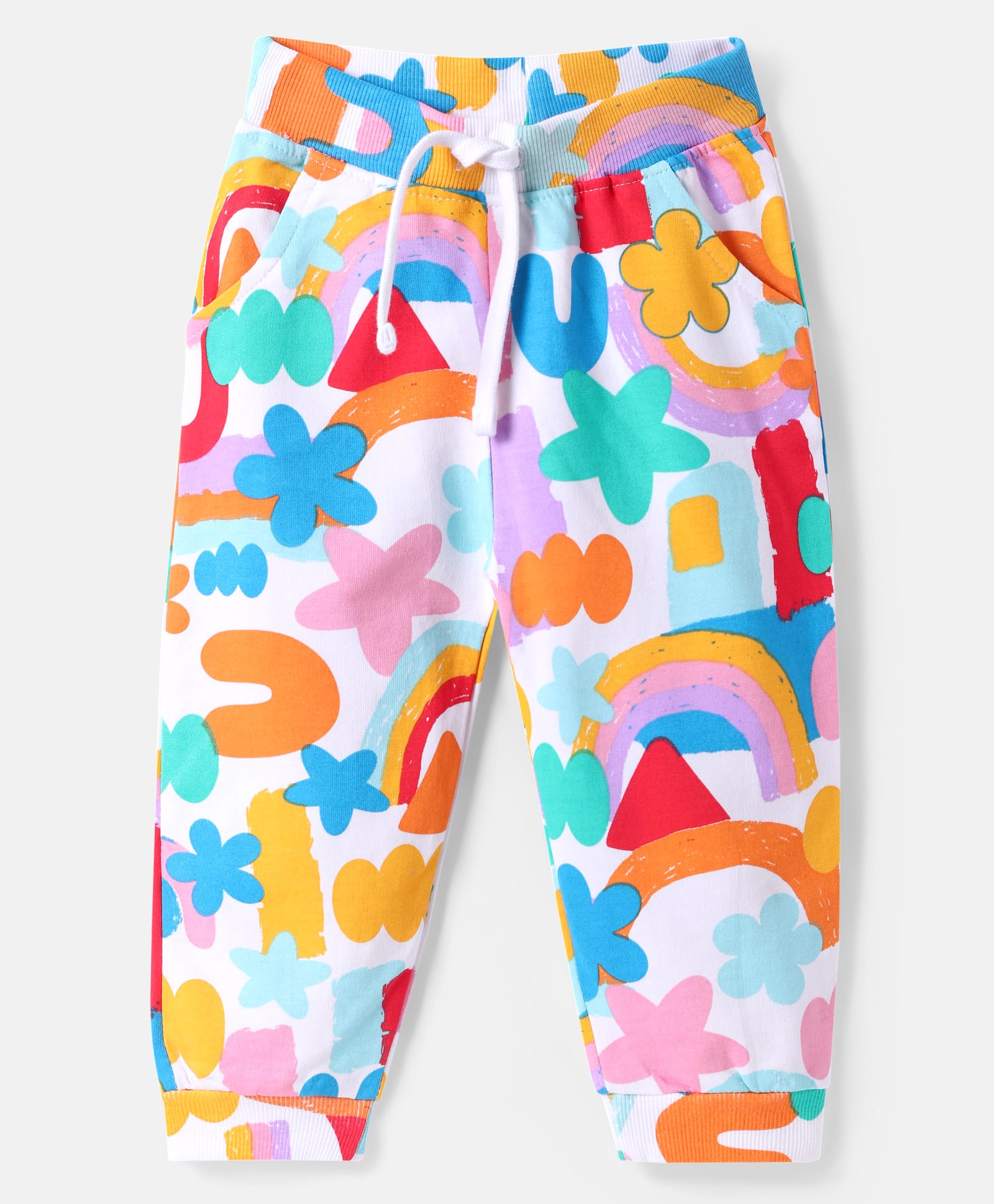 Babyhug Terry Knit Full Length Lounge Pant With Floral & Shapes Print - White-picture-28
