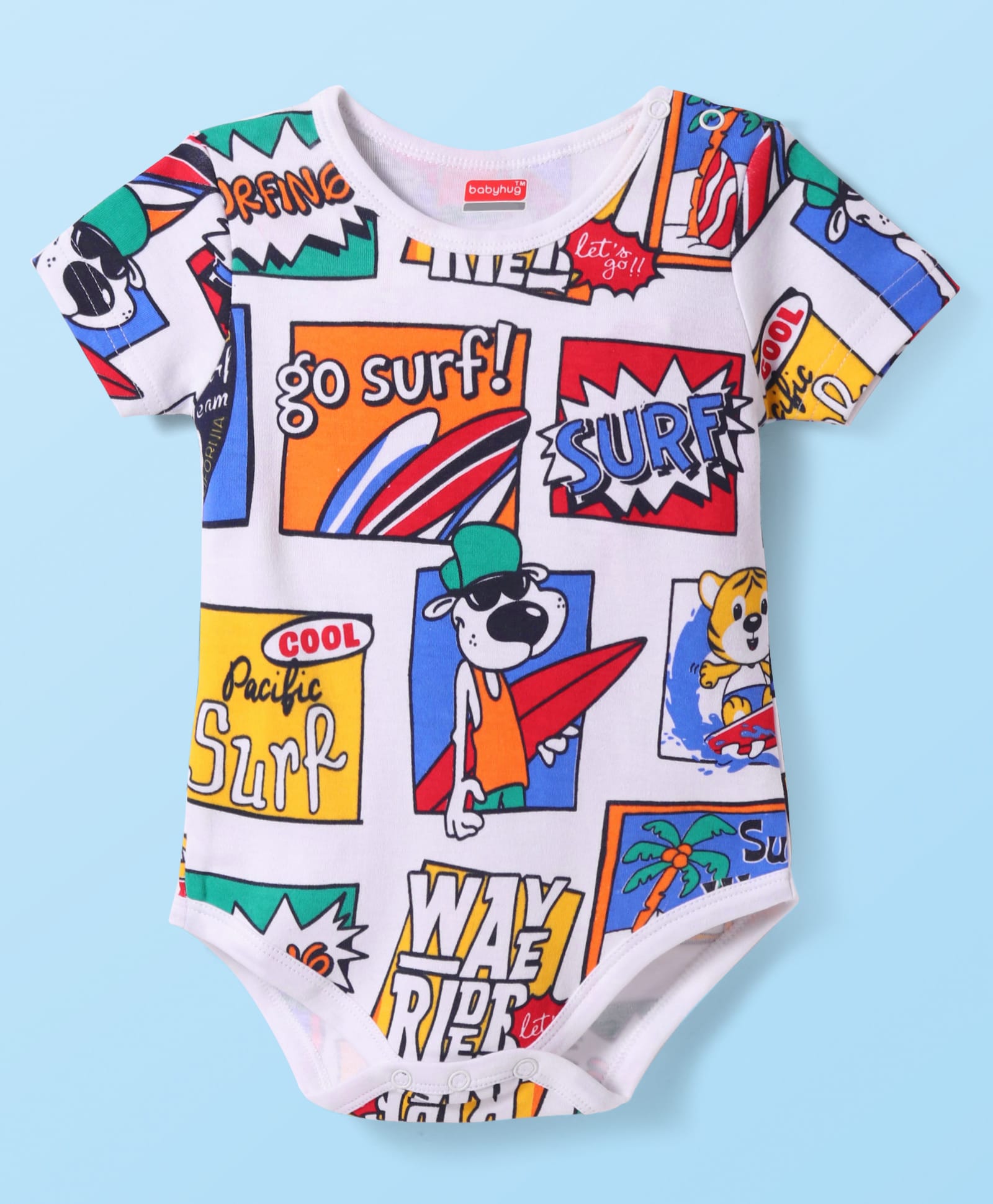 Babyhug 100% Cotton Knit Half Sleeves Onesie with Beach Theme Print - White-image-35