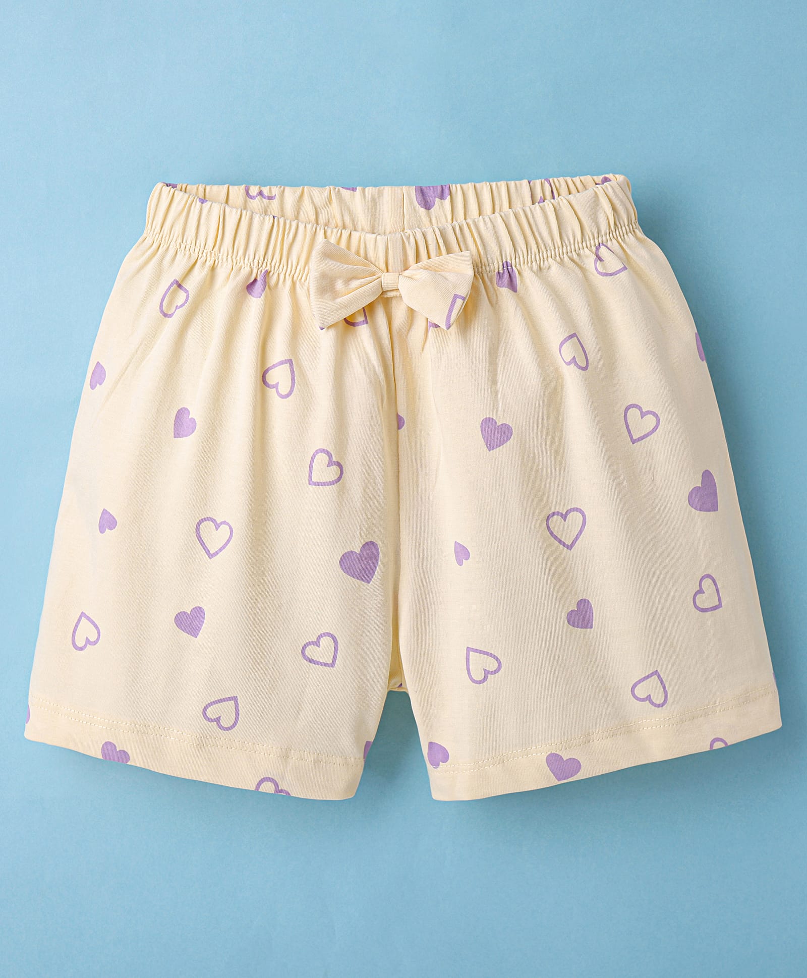 Tango Single Jersey Knit Above Knee Length Shorts with Heart Print & Bow Applique - Light Yellow-image-35