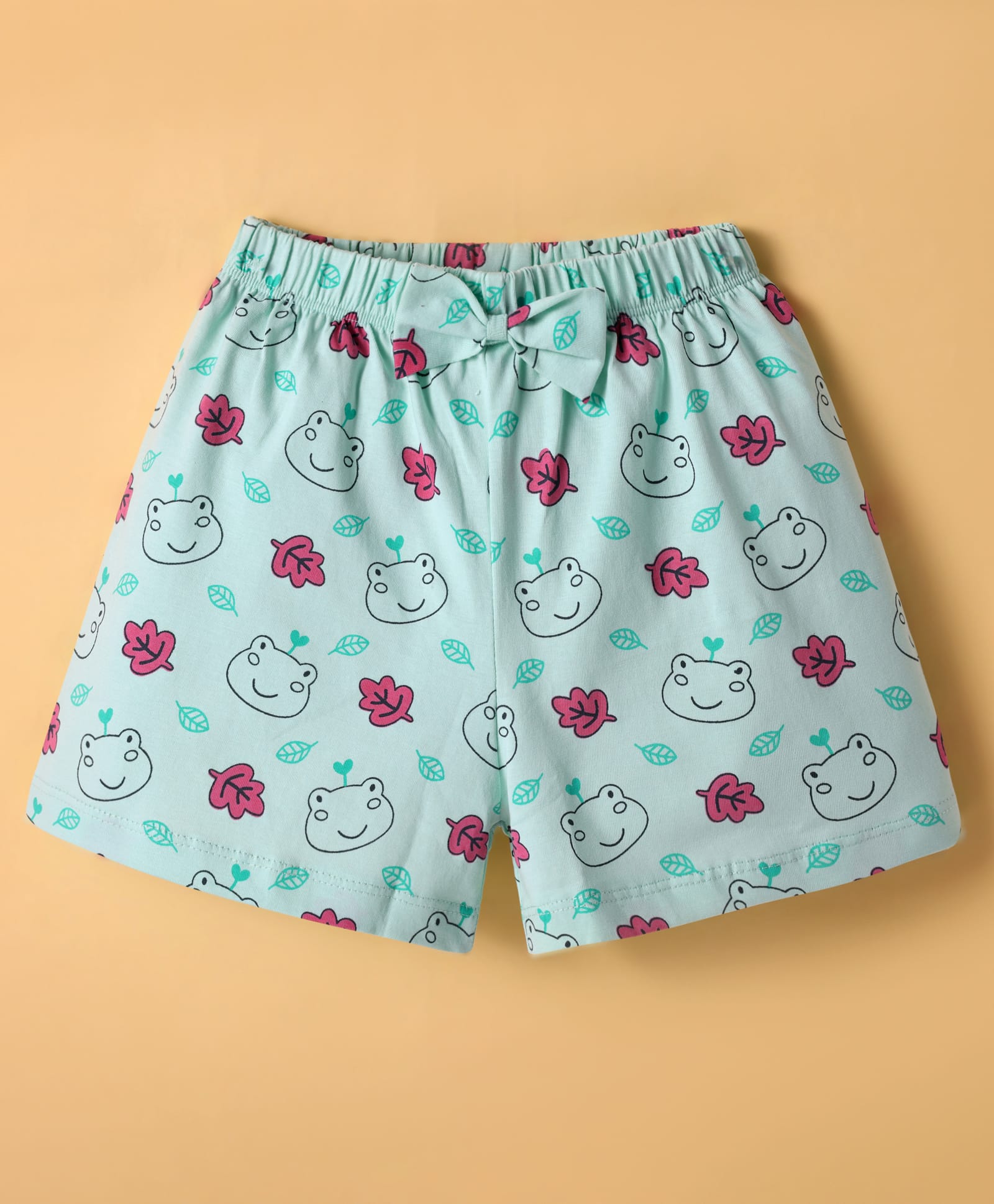 Tango Single Jersey Knit Above Knee Length Shorts with Animal Print & Bow Applique - Mint-image-45