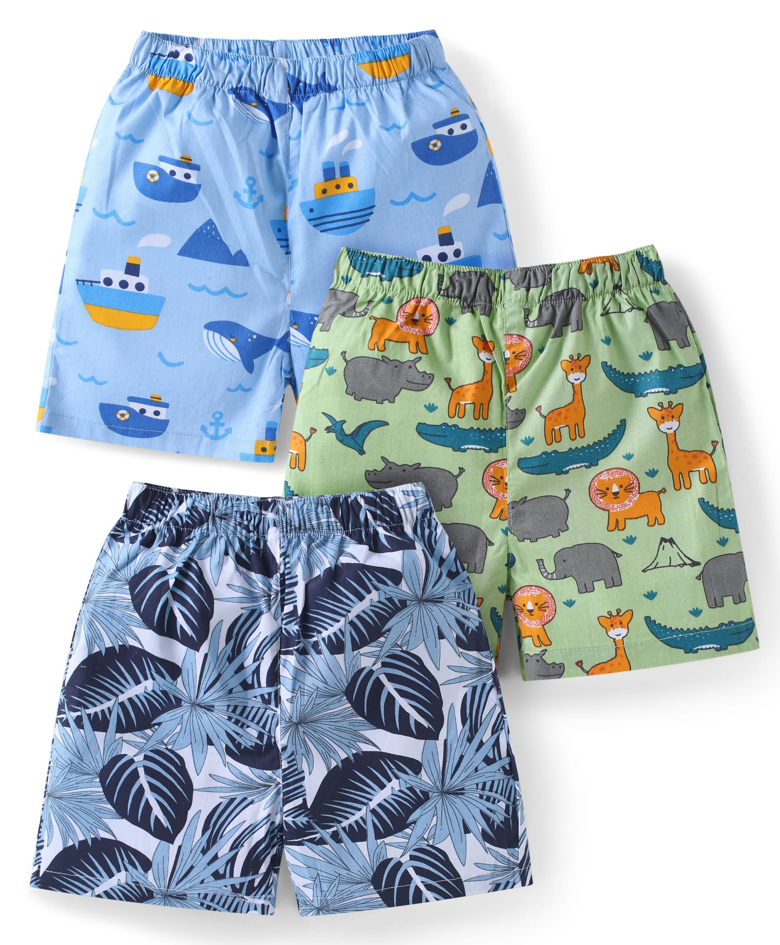 Babyhug Poplin Woven Boxers with Animal & Leaves Print Pack of 3 - Blue & Green-image-29