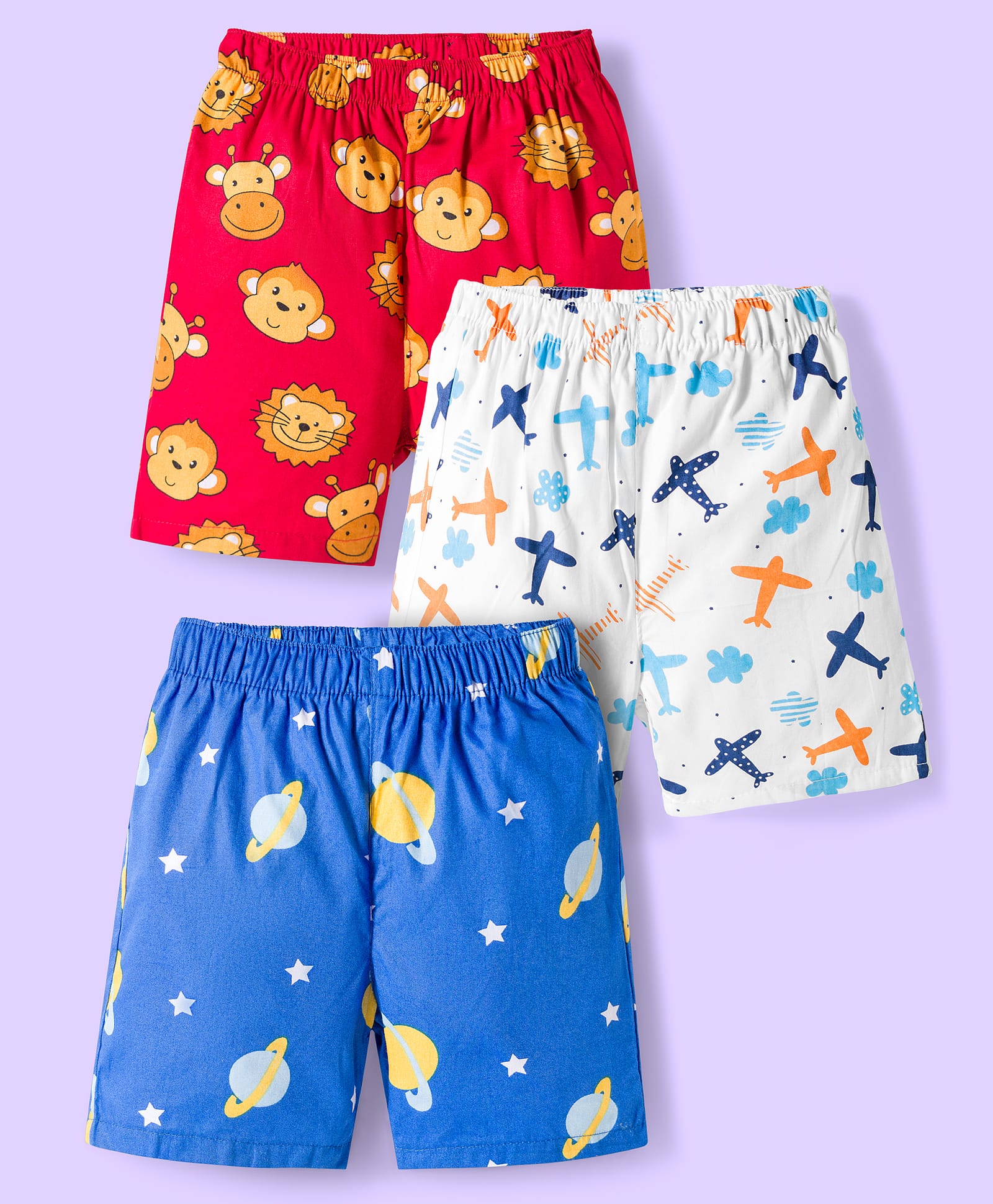 Babyhug Poplin Woven Boxers with Star & Animal Print Pack of 3 - Blue White & Green-image-30
