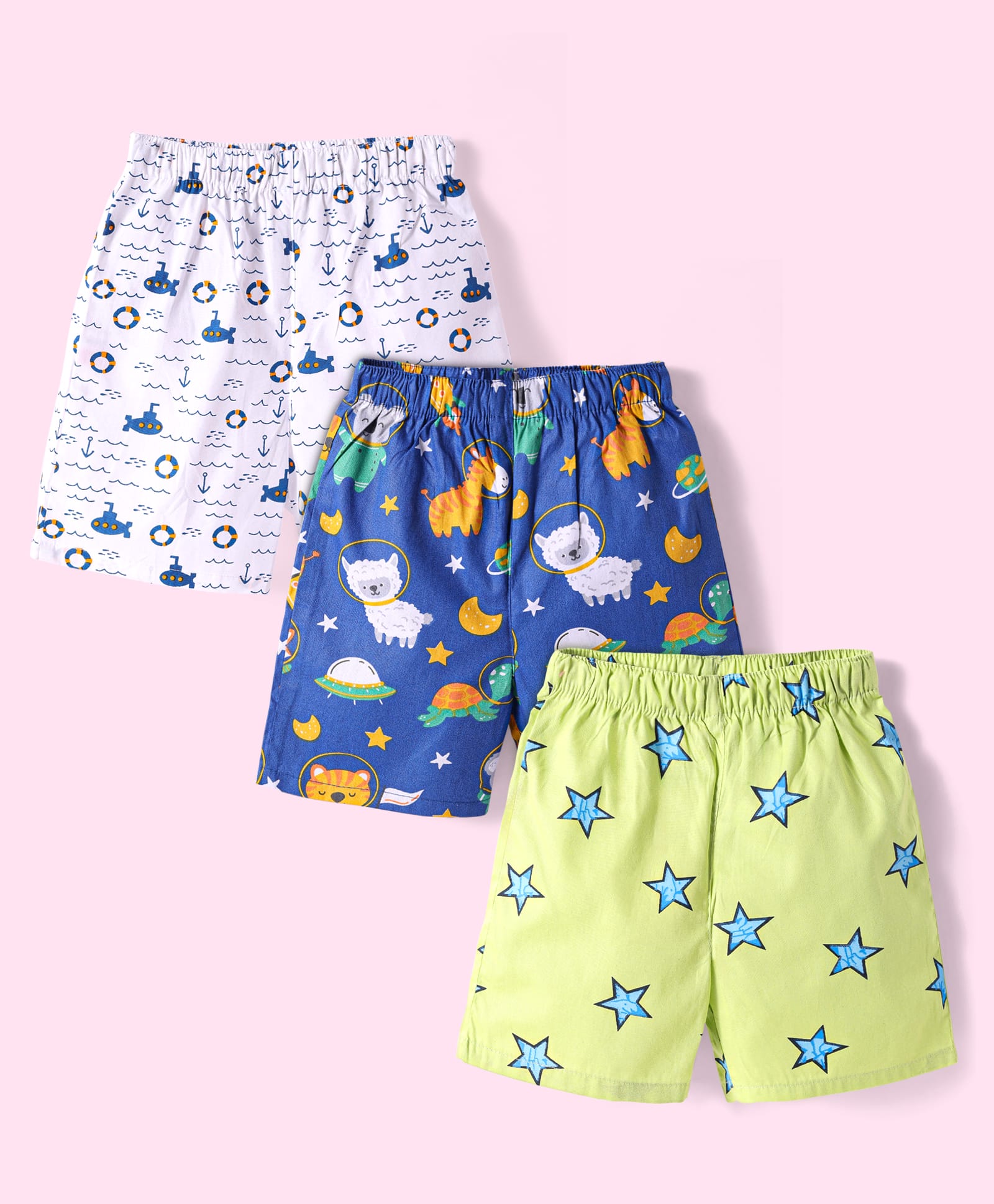Babyhug Cotton Woven Boxers with Nautical & Space Theme Print Pack of 3 - Blue White & Light Green