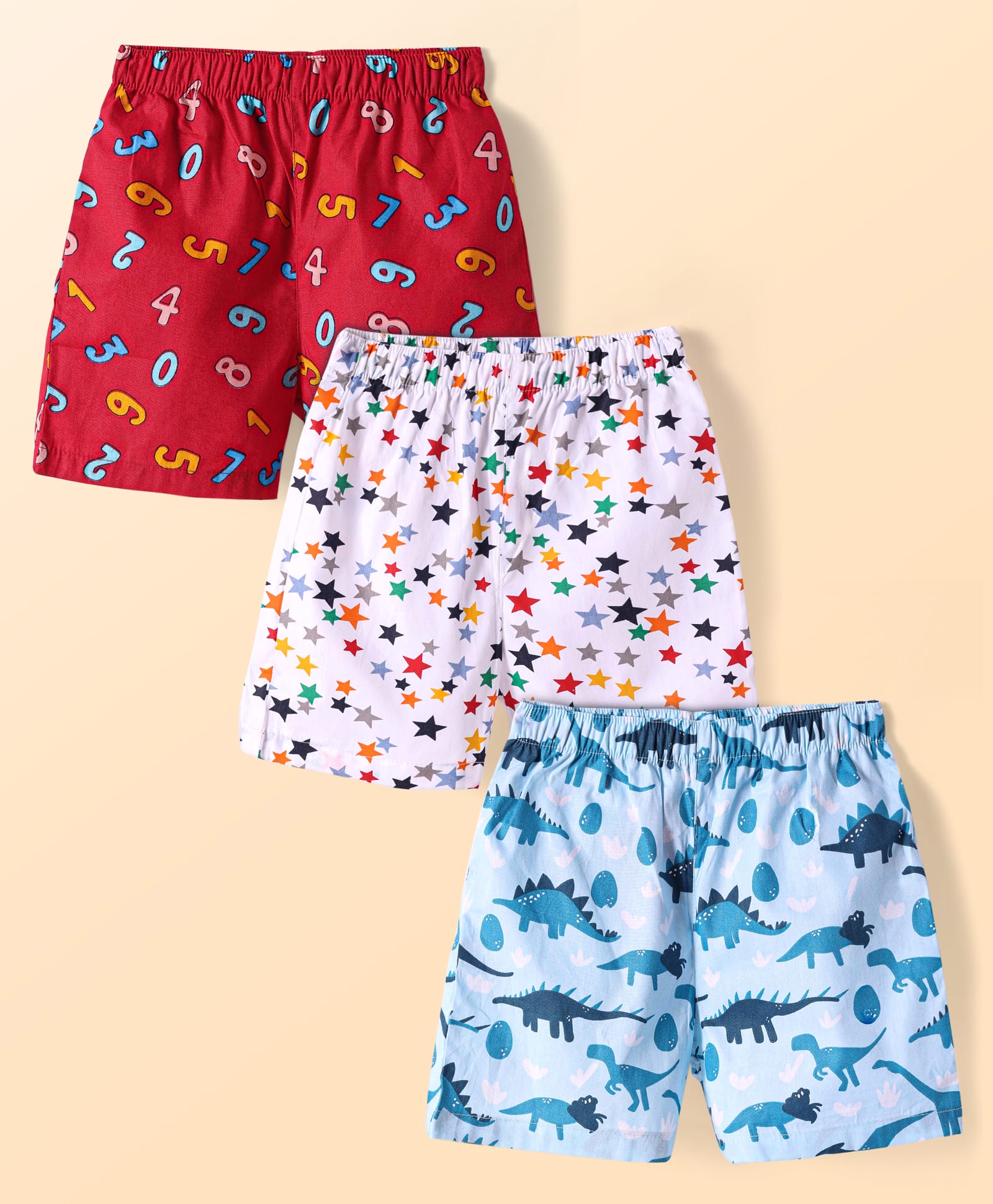 Babyhug Poplin Woven Boxers with Numbers Stars & Dino Print Pack of 3 - Red White & Light Blue