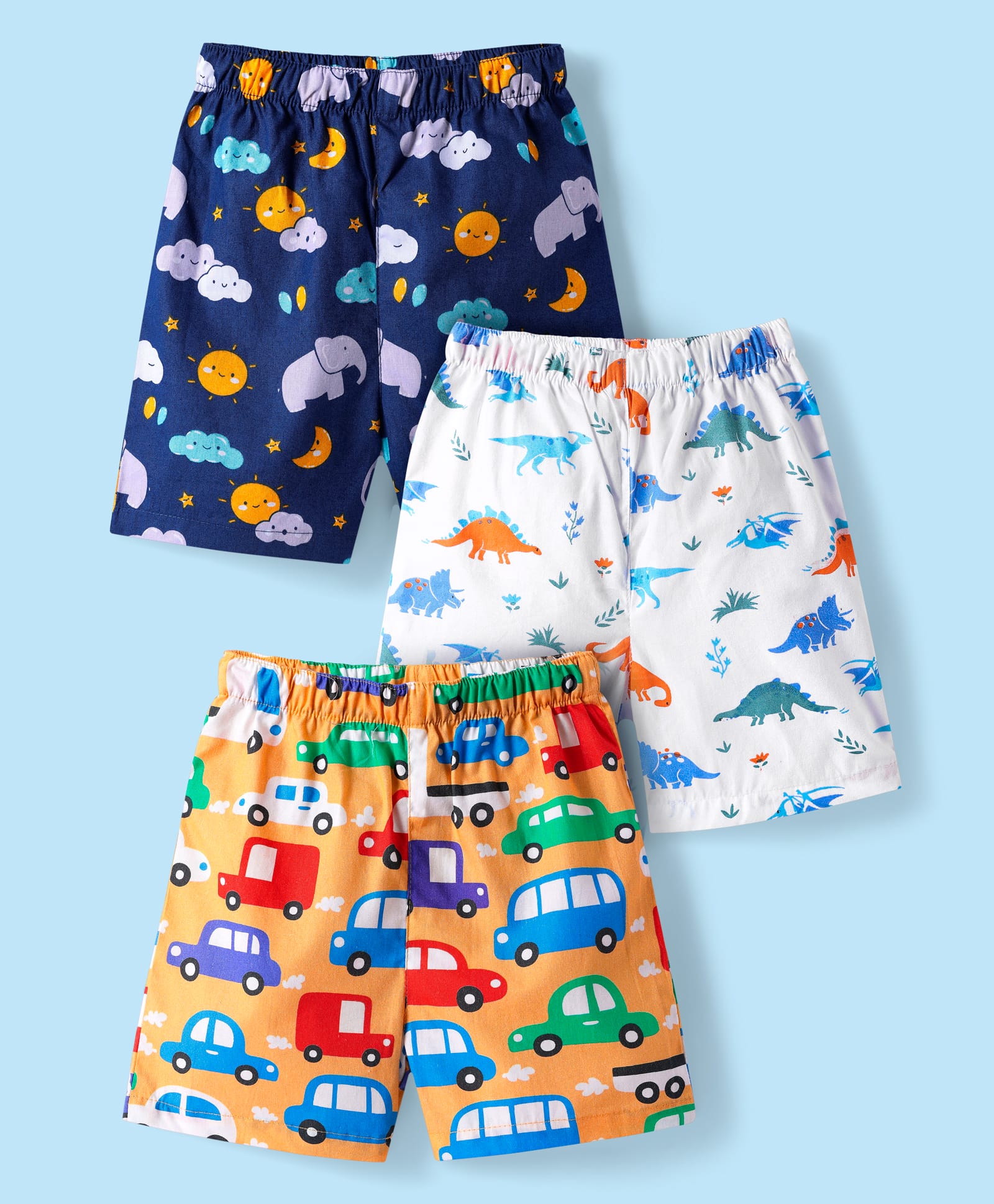 Babyhug Poplin Woven Boxers with Dino & Vehicles Print Pack of 3 - Navy Blue White & Orange