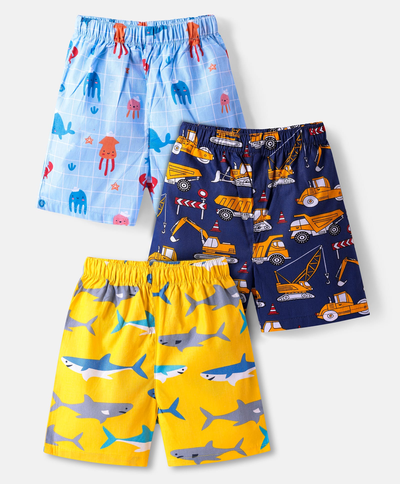 Babyhug Poplin Woven Boxers with Shark & Vehicles Print Pack of 3 - Blue & Yellow-image-36