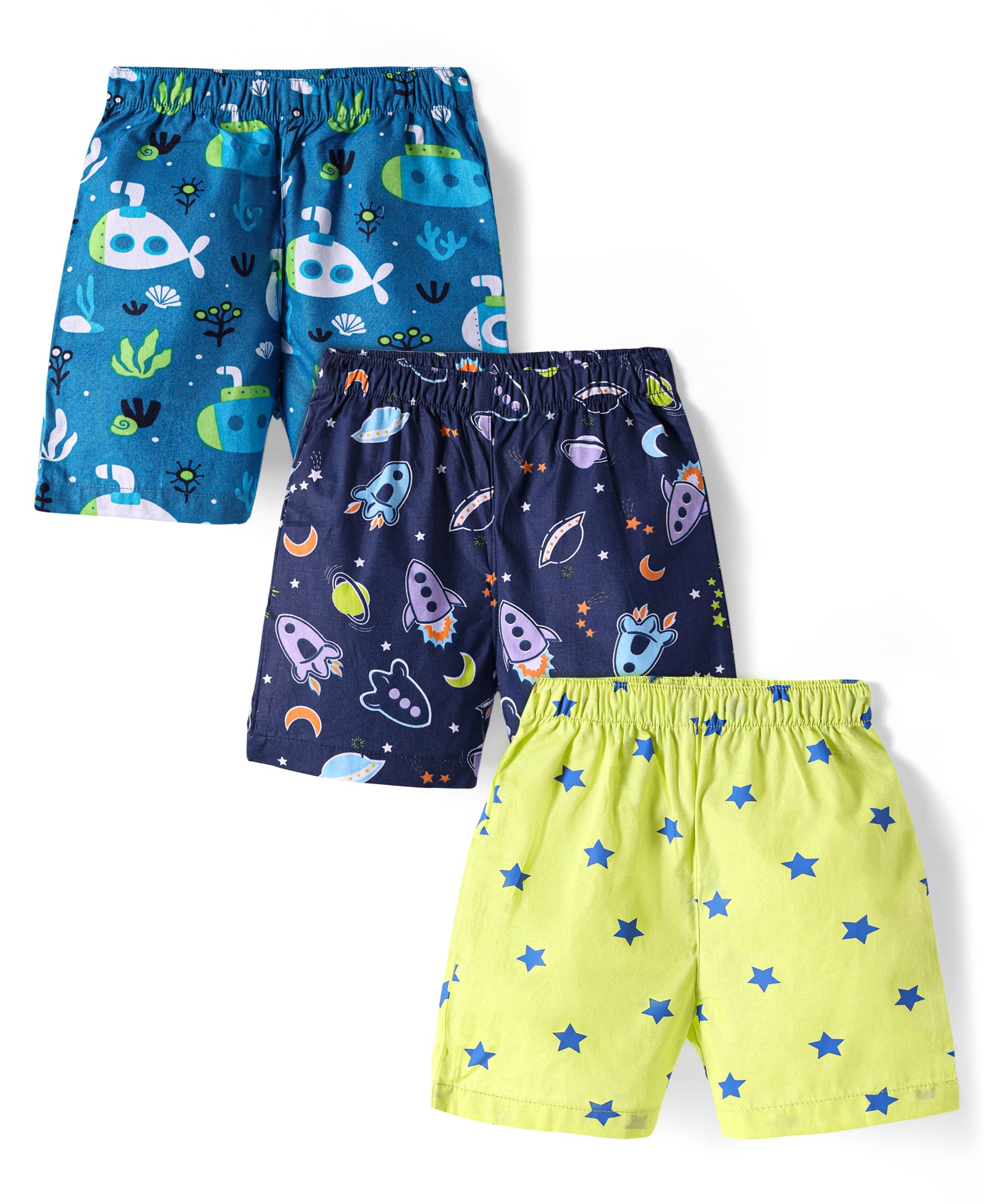 Babyhug Poplin Woven Boxers with Nautical & Space Theme Print Pack of 3 - Light Green Navy & Teal Blue-image-21