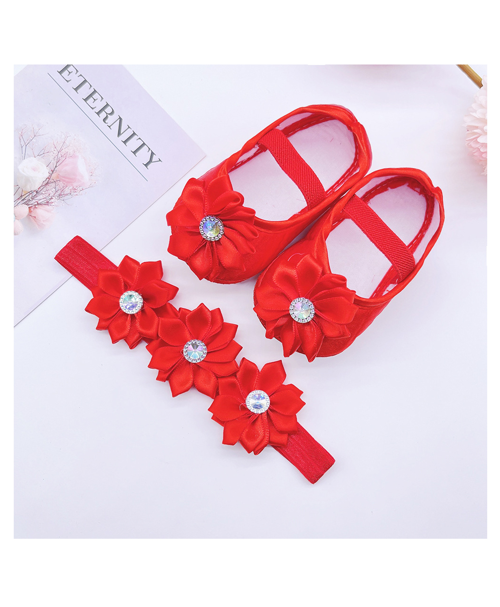 SYGA Pack of 2 Cotton Flower Headband & Booties - Red-picture-20