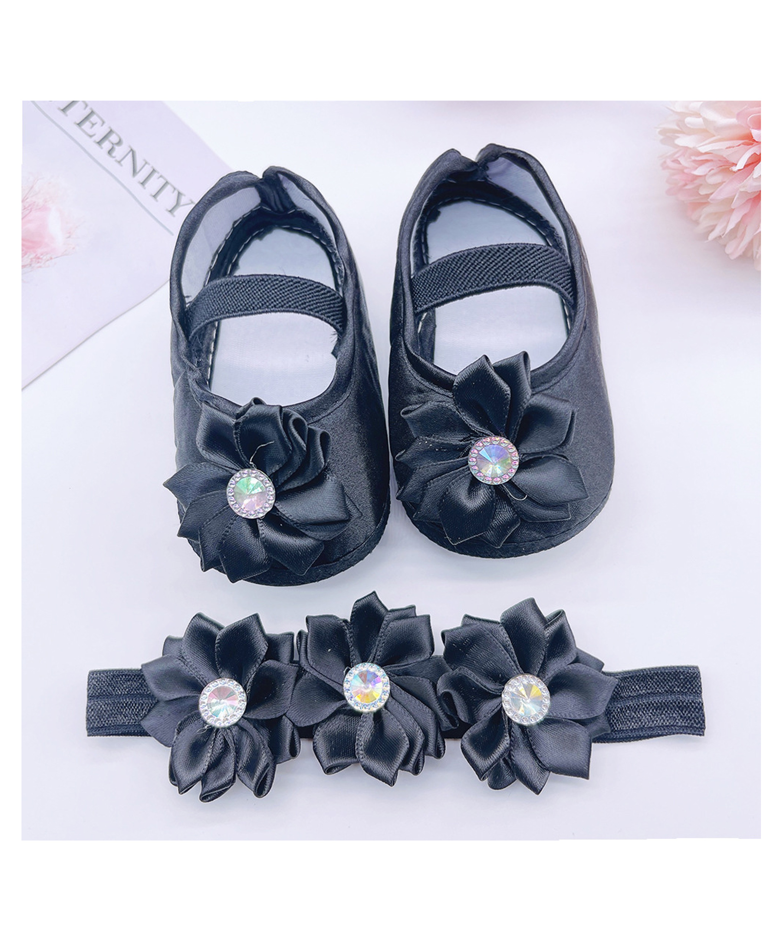 SYGA Pack of 2 Cotton Flower Headband & Booties - Black-picture-27