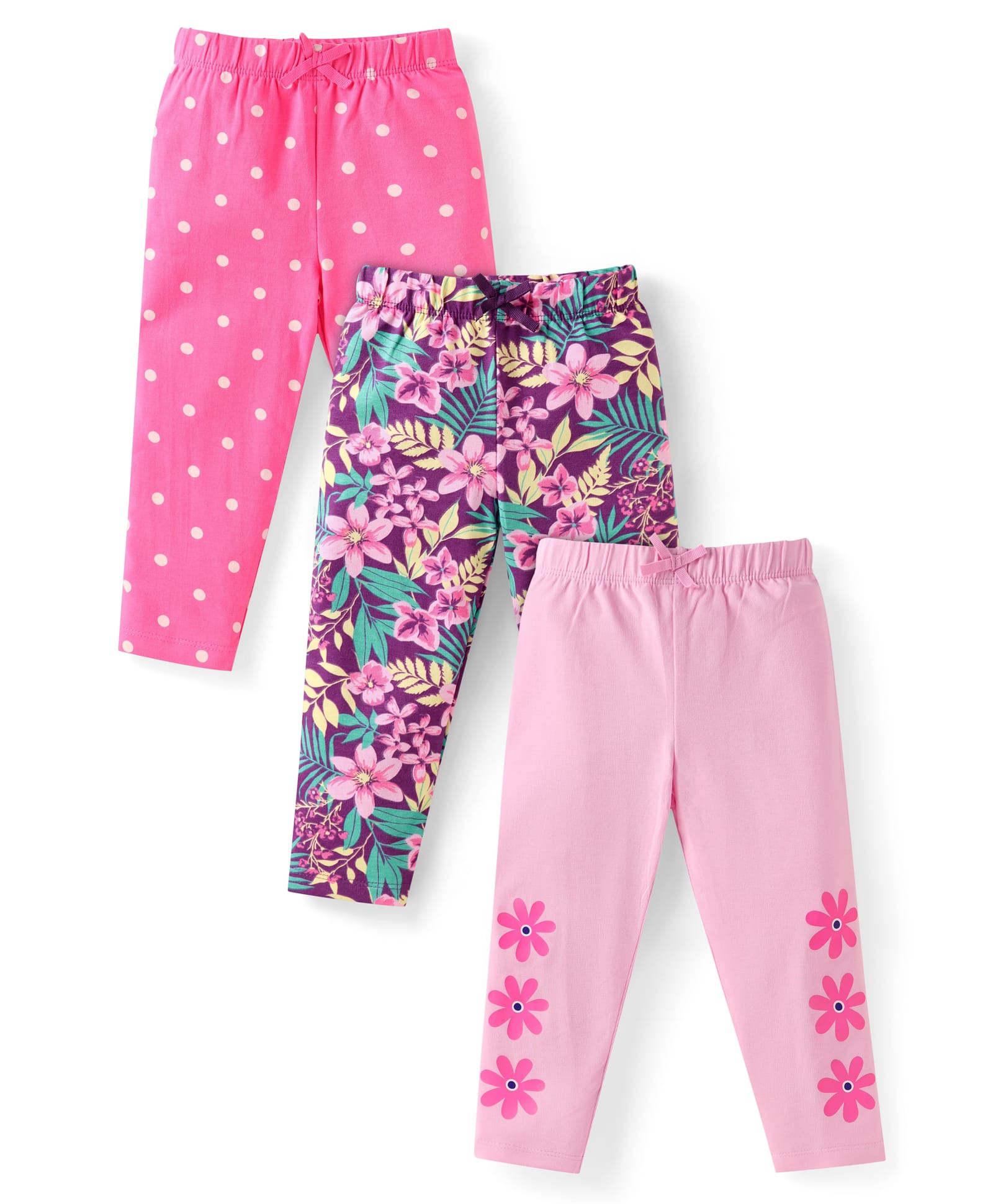 Babyhug Single Jersey Knit Full Length Leggings with Floral & Polka Dot Print Pack Of 3 - Pink-picture-11