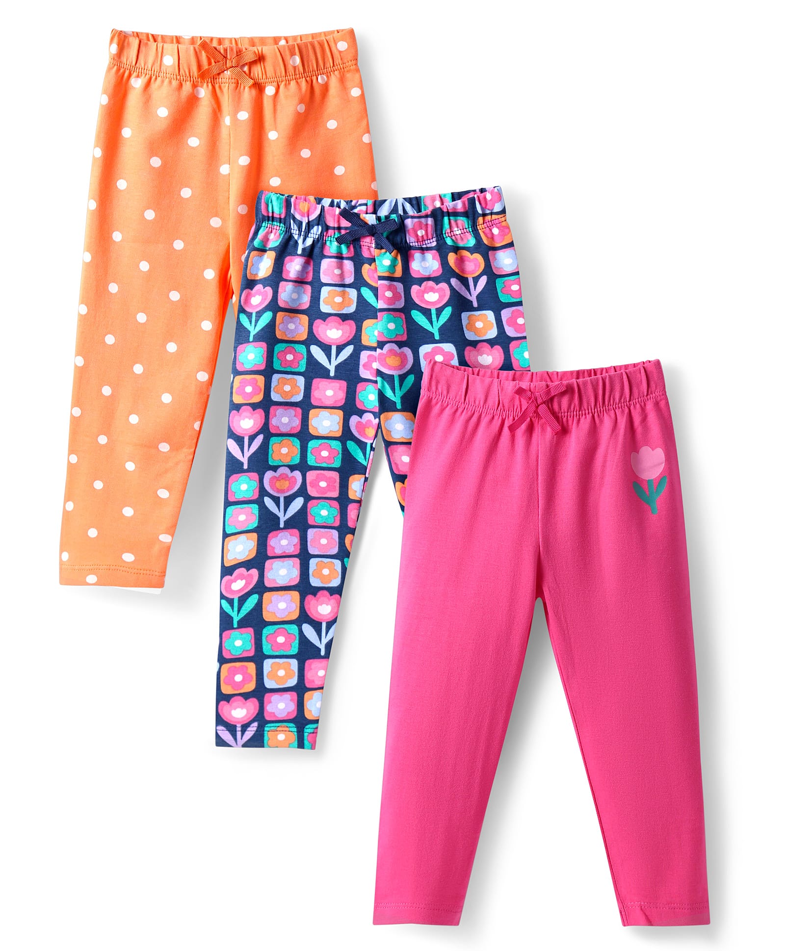 Babyhug Single Jersey Knit Full Length Leggings with Polka Dot & Floral Print Pack Of 3 - Pink & Orange-picture-23