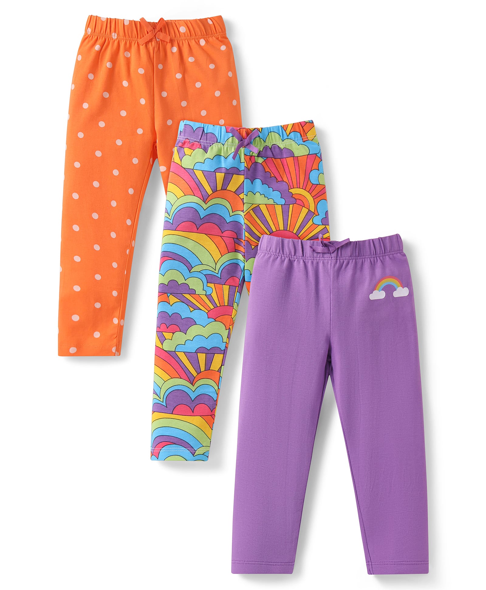 Babyhug Single Jersey Knit Full Length Leggings with Stretch Polka Dots & Rainbow Print Pack Of 3 - Orange & Purple-picture-29