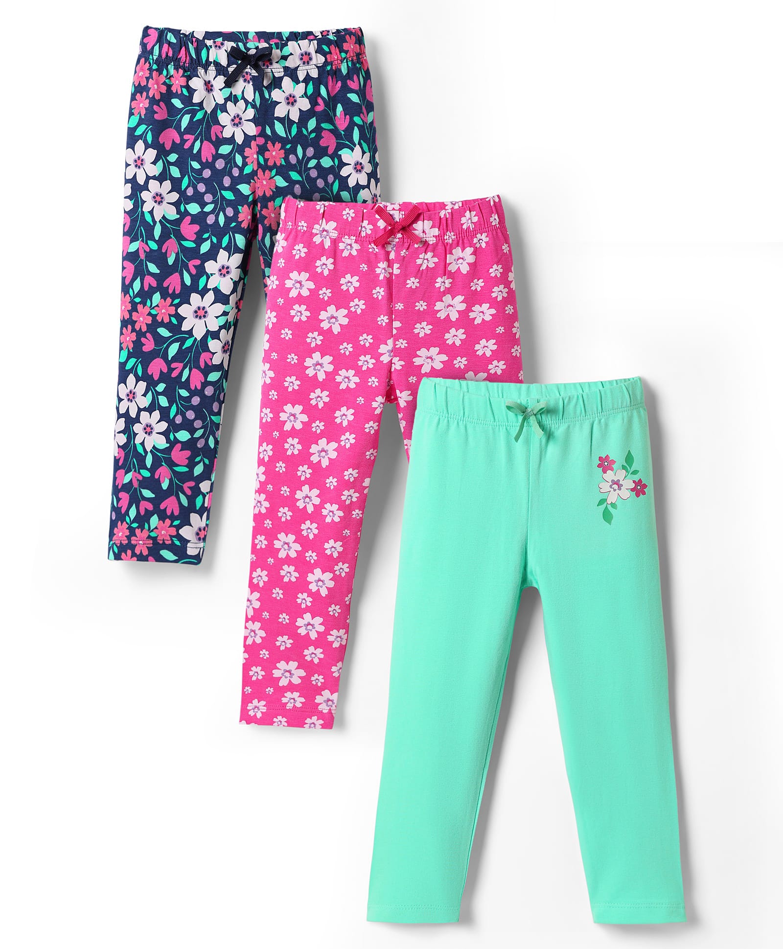 Babyhug Cotton Knit Full Length Leggings with Floral Print Pack of 3 - Pink Sea Green & Navy Blue-picture-23