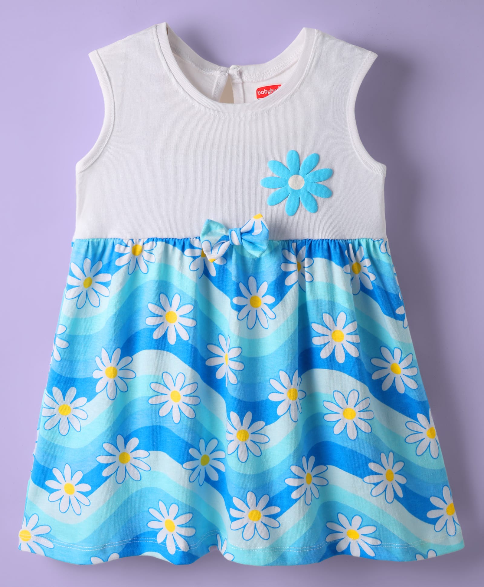 Babyhug Cotton Knit Sleeveless Frock With Floral Print & Bow Applique - Light Blue & White-image-19